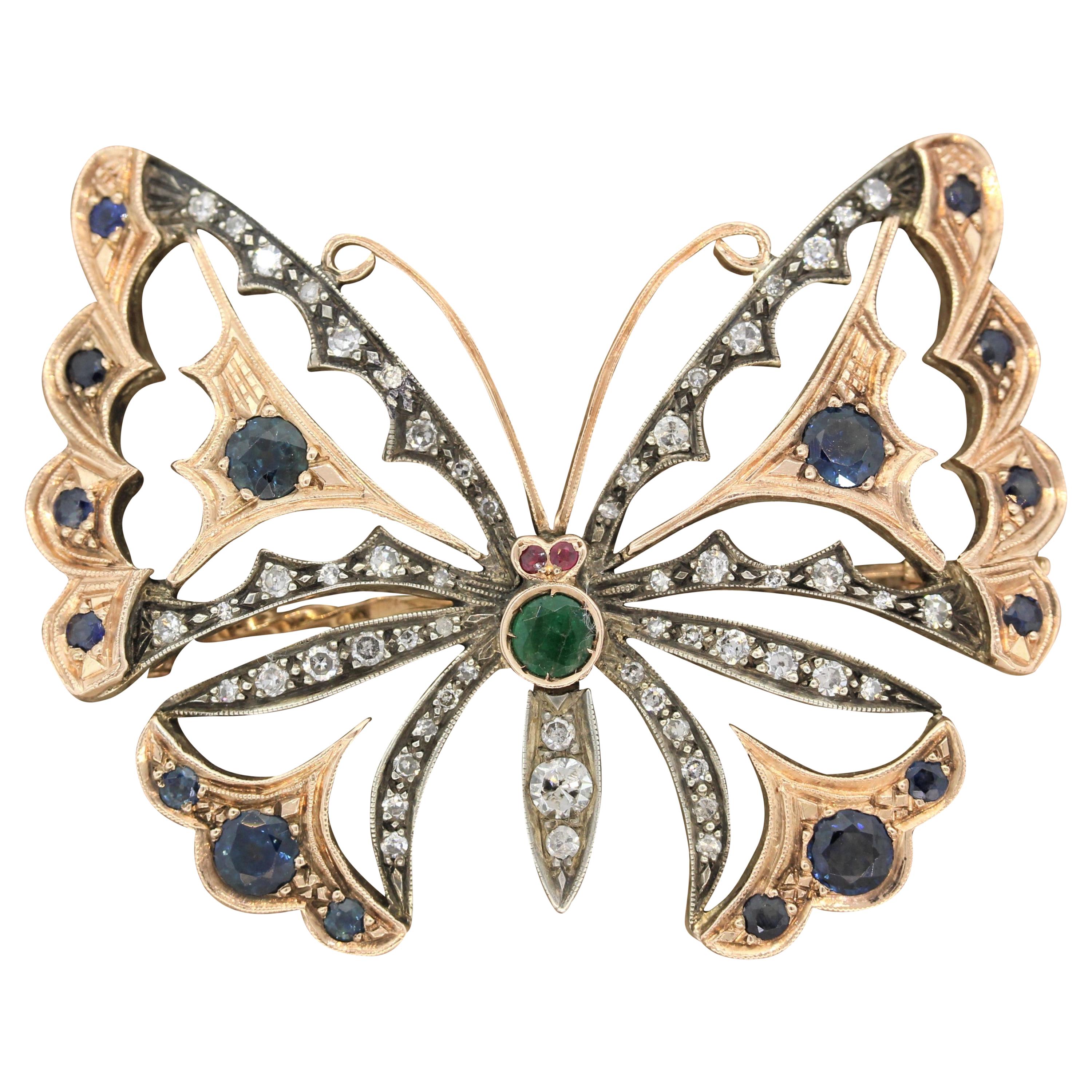 Diamond Emerald Sapphire Ruby Butterfly Two-Tone Gold Brooch