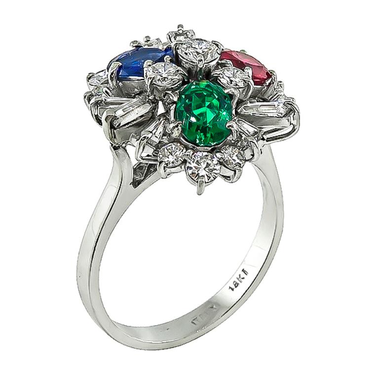 Oval Cut Diamond Emerald Sapphire Ruby White Gold Ring