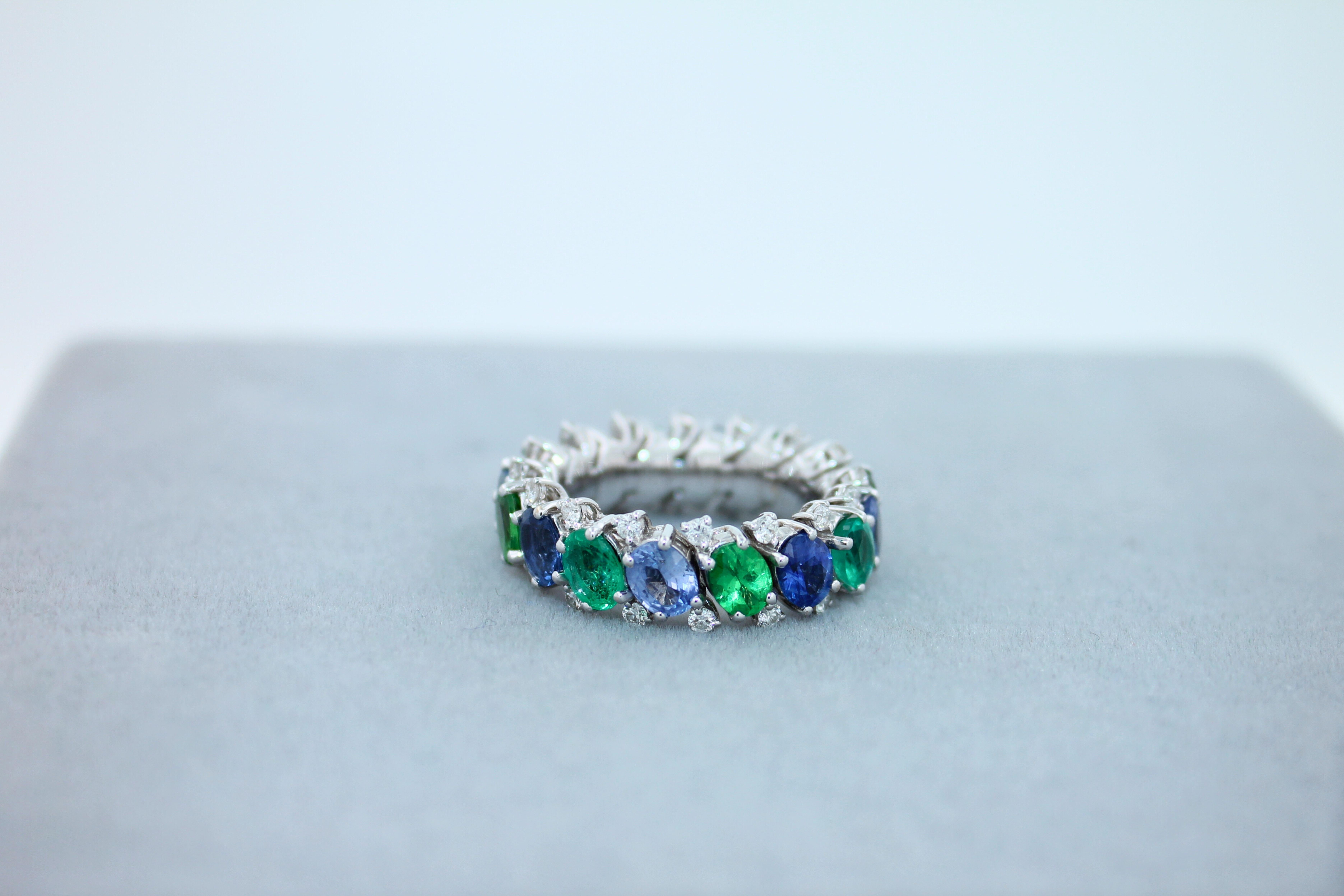 Diamond Emerald Sapphire Tsavorite Flexible Unique Eternity Band White Gold Ring For Sale 4