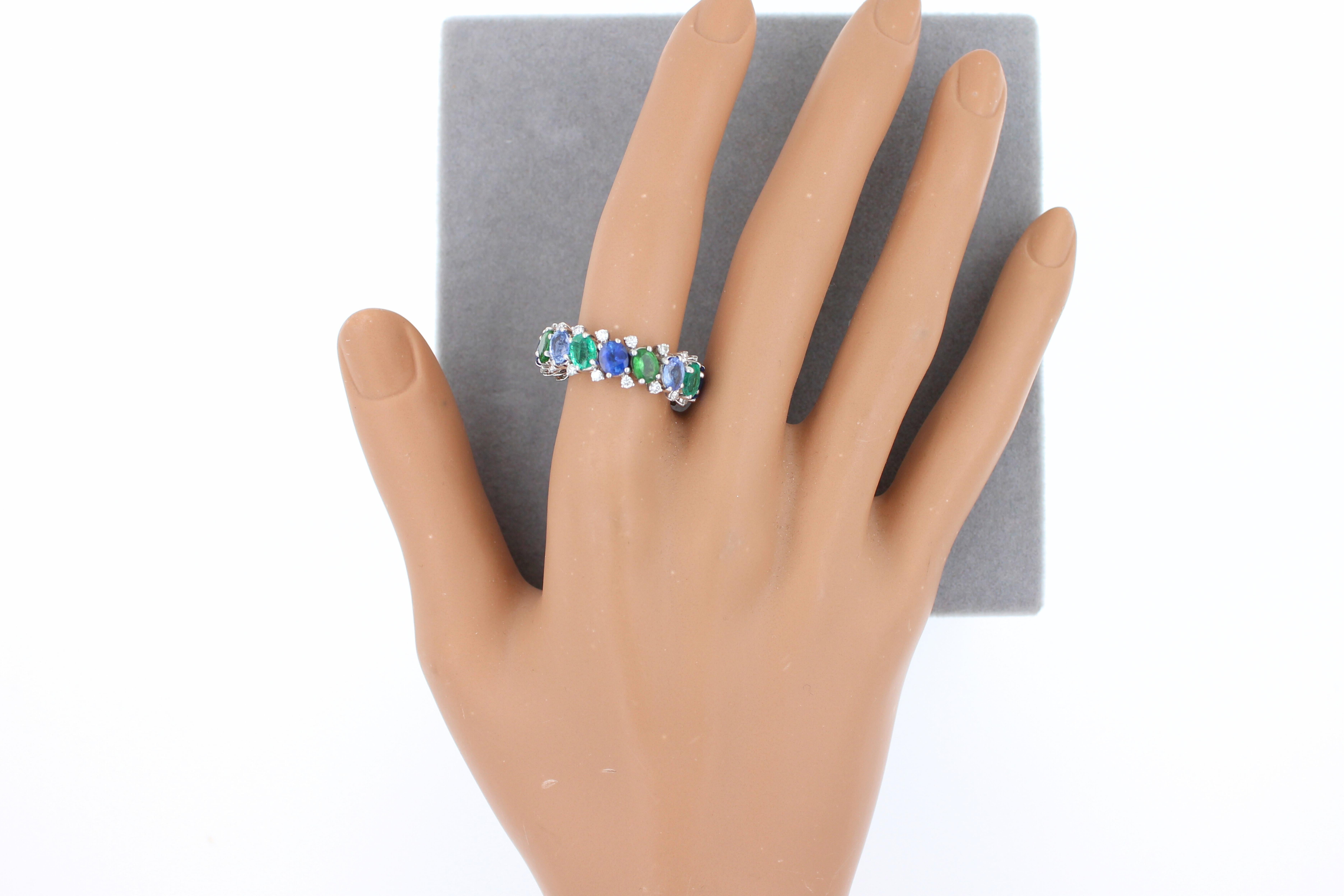 Diamond Emerald Sapphire Tsavorite Flexible Unique Eternity Band White Gold Ring For Sale 9