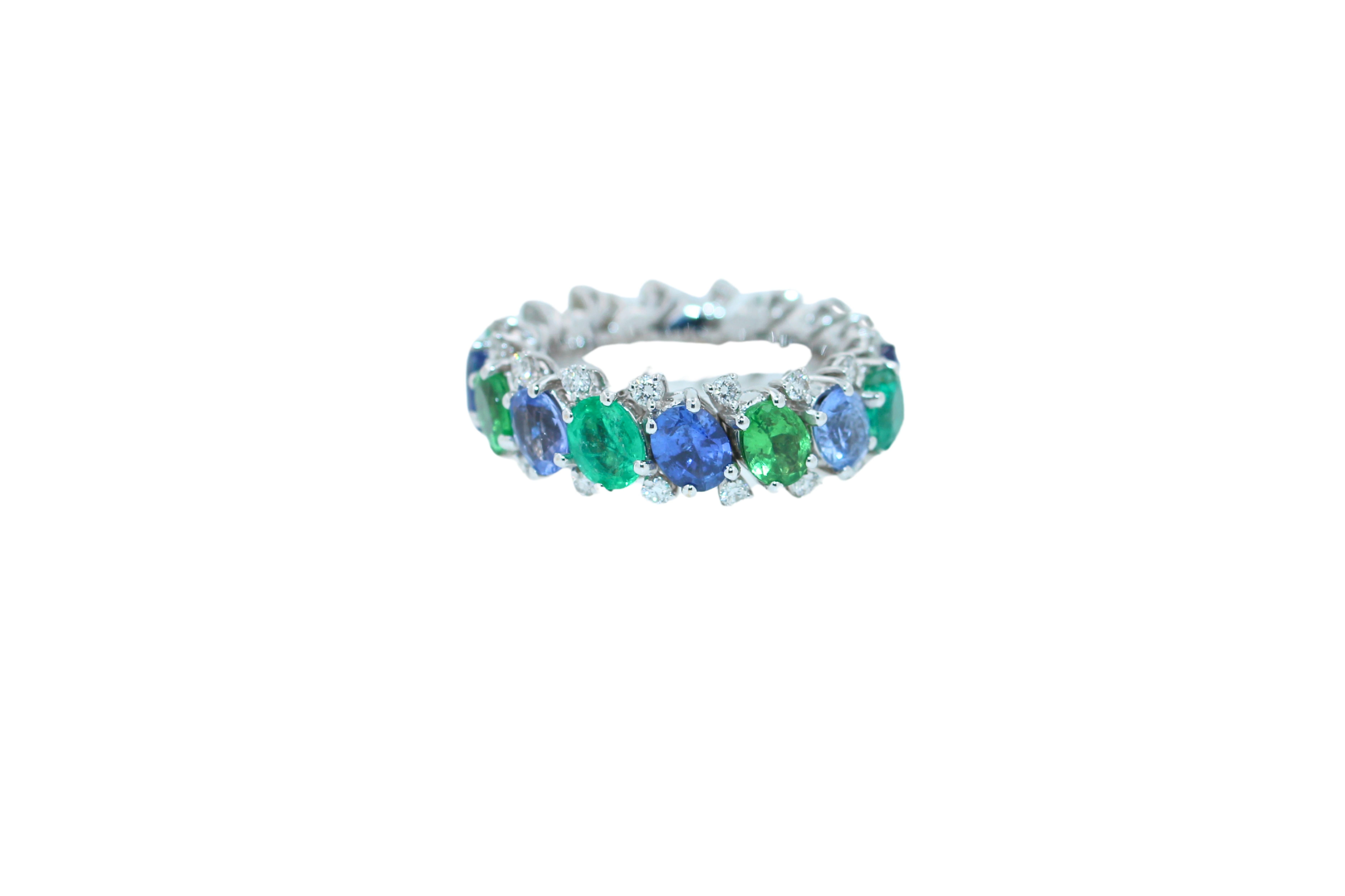 Modern Diamond Emerald Sapphire Tsavorite Flexible Unique Eternity Band White Gold Ring For Sale