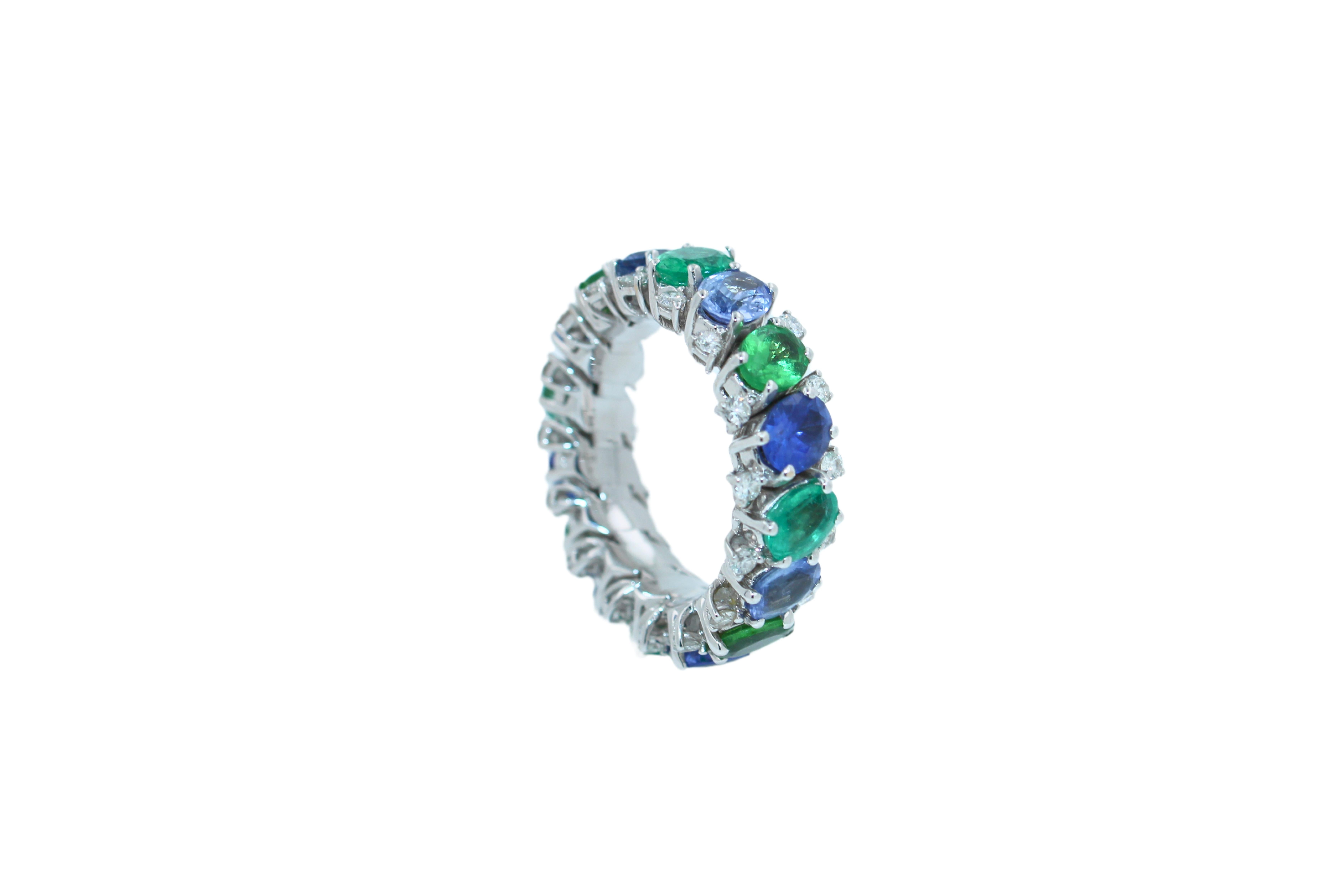 Diamond Emerald Sapphire Tsavorite Flexible Unique Eternity Band White Gold Ring In New Condition For Sale In Oakton, VA
