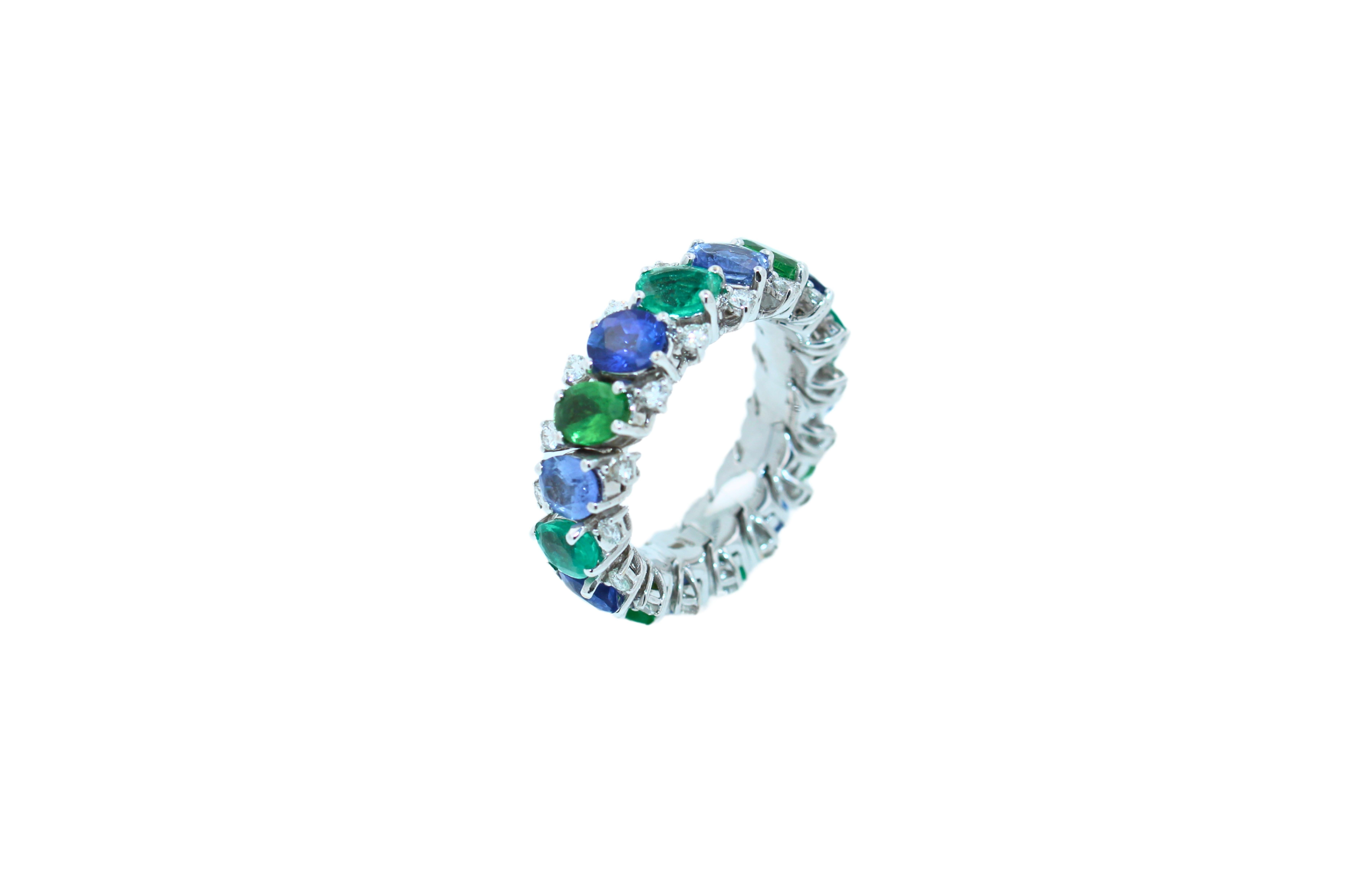 Women's or Men's Diamond Emerald Sapphire Tsavorite Flexible Unique Eternity Band White Gold Ring For Sale