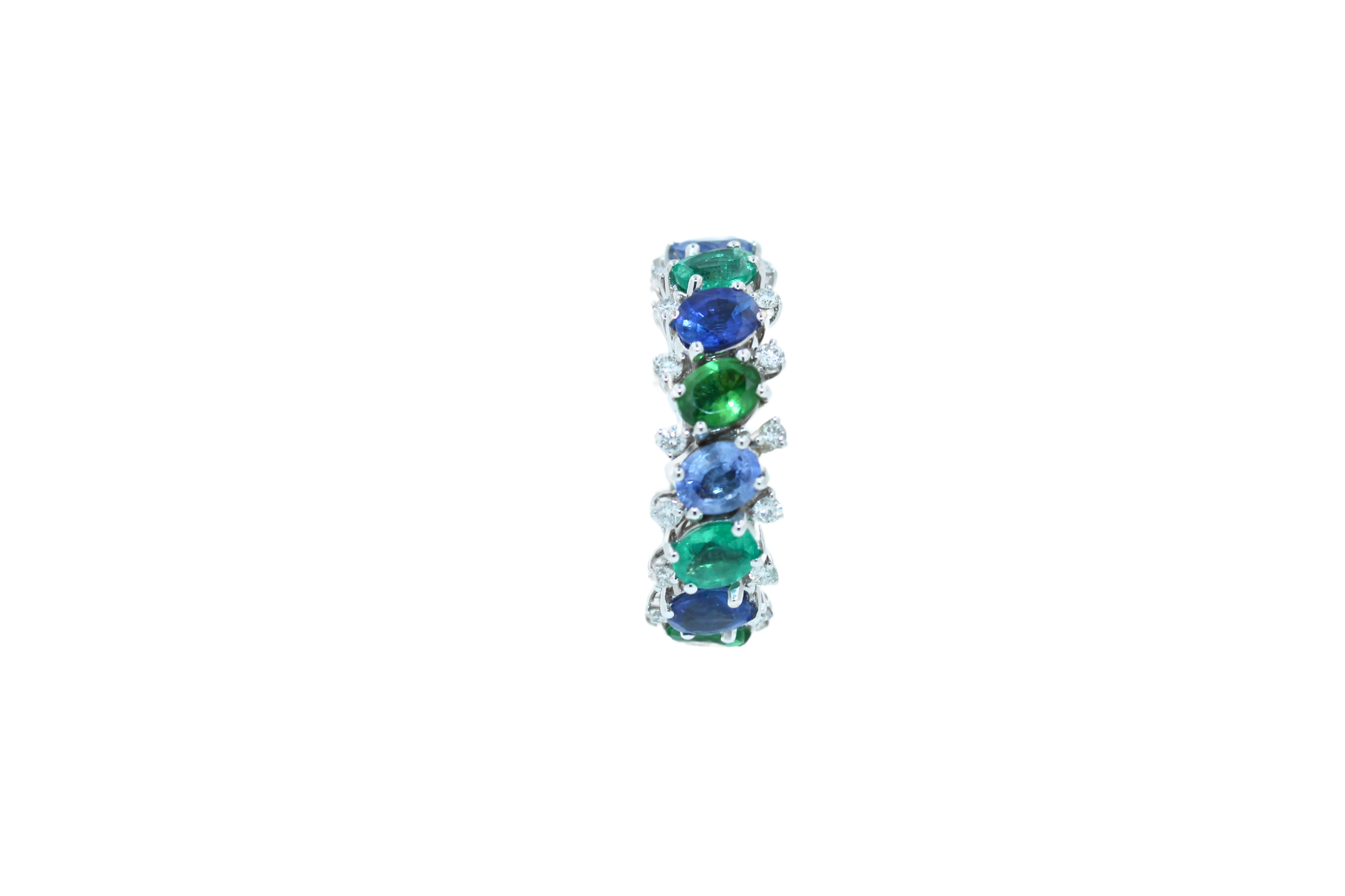 Diamond Emerald Sapphire Tsavorite Flexible Unique Eternity Band White Gold Ring For Sale 1