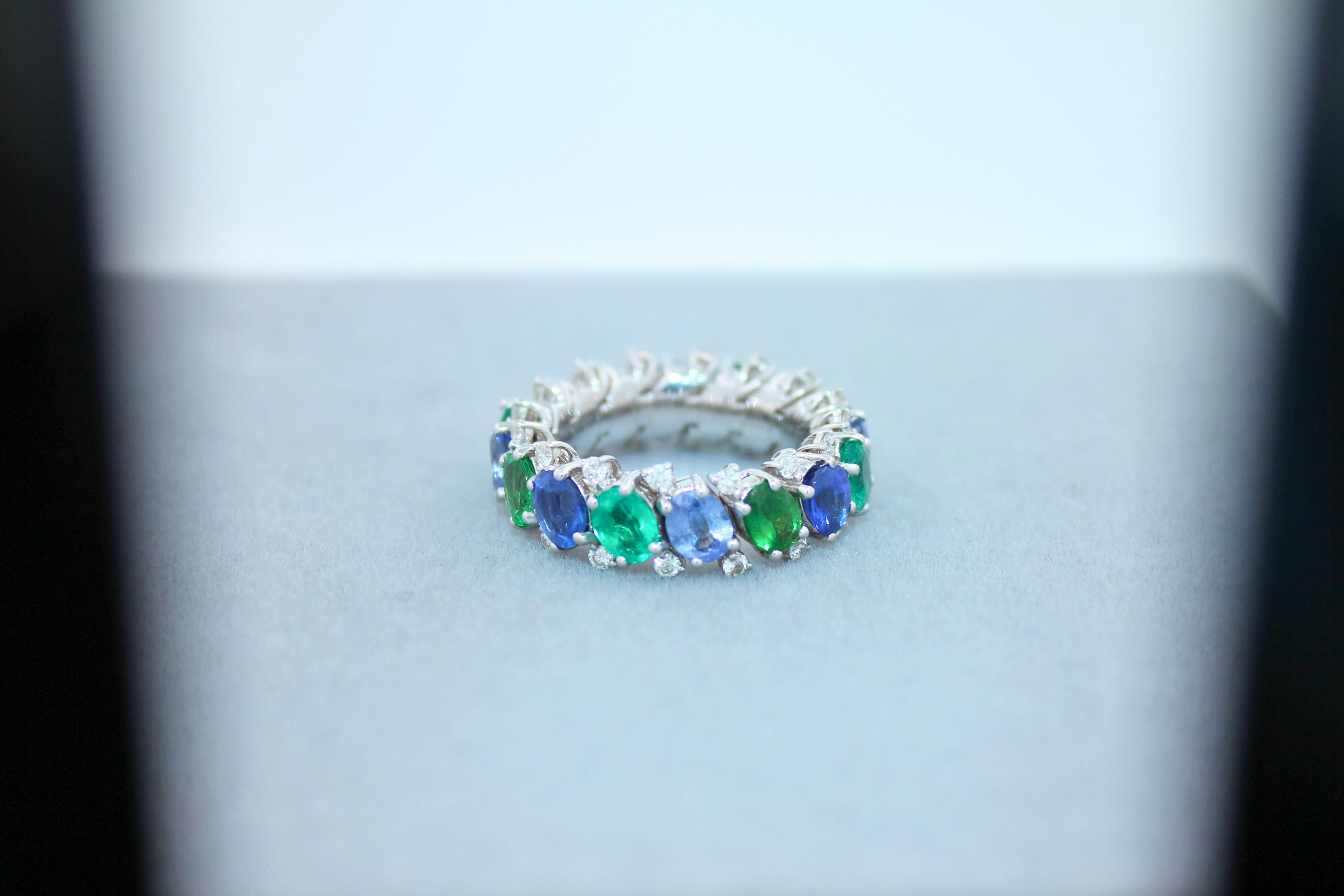 Diamond Emerald Sapphire Tsavorite Flexible Unique Eternity Band White Gold Ring For Sale 2