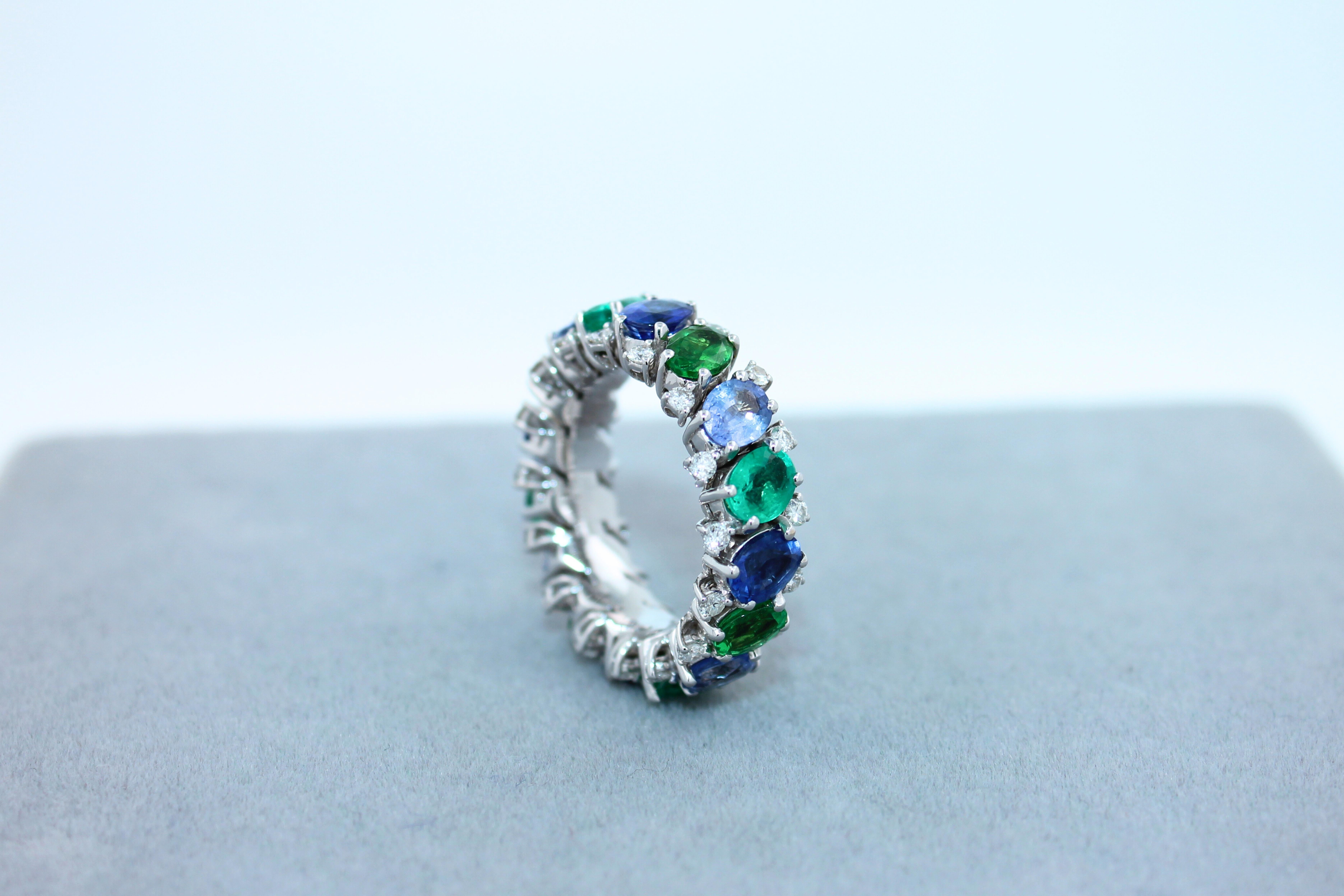 Diamond Emerald Sapphire Tsavorite Flexible Unique Eternity Band White Gold Ring For Sale 3