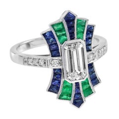 Diamond & Emerald Sapphire Vintage Inspired Art Deco Style White Gold Ring
