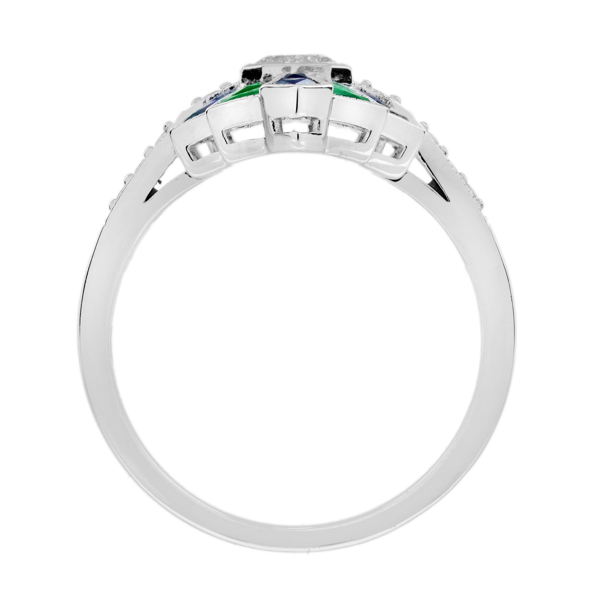 Anello in oro bianco con diamante e zaffiro smeraldo di ispirazione art déco vintage In condizioni Nuovo in vendita a Oakton, VA