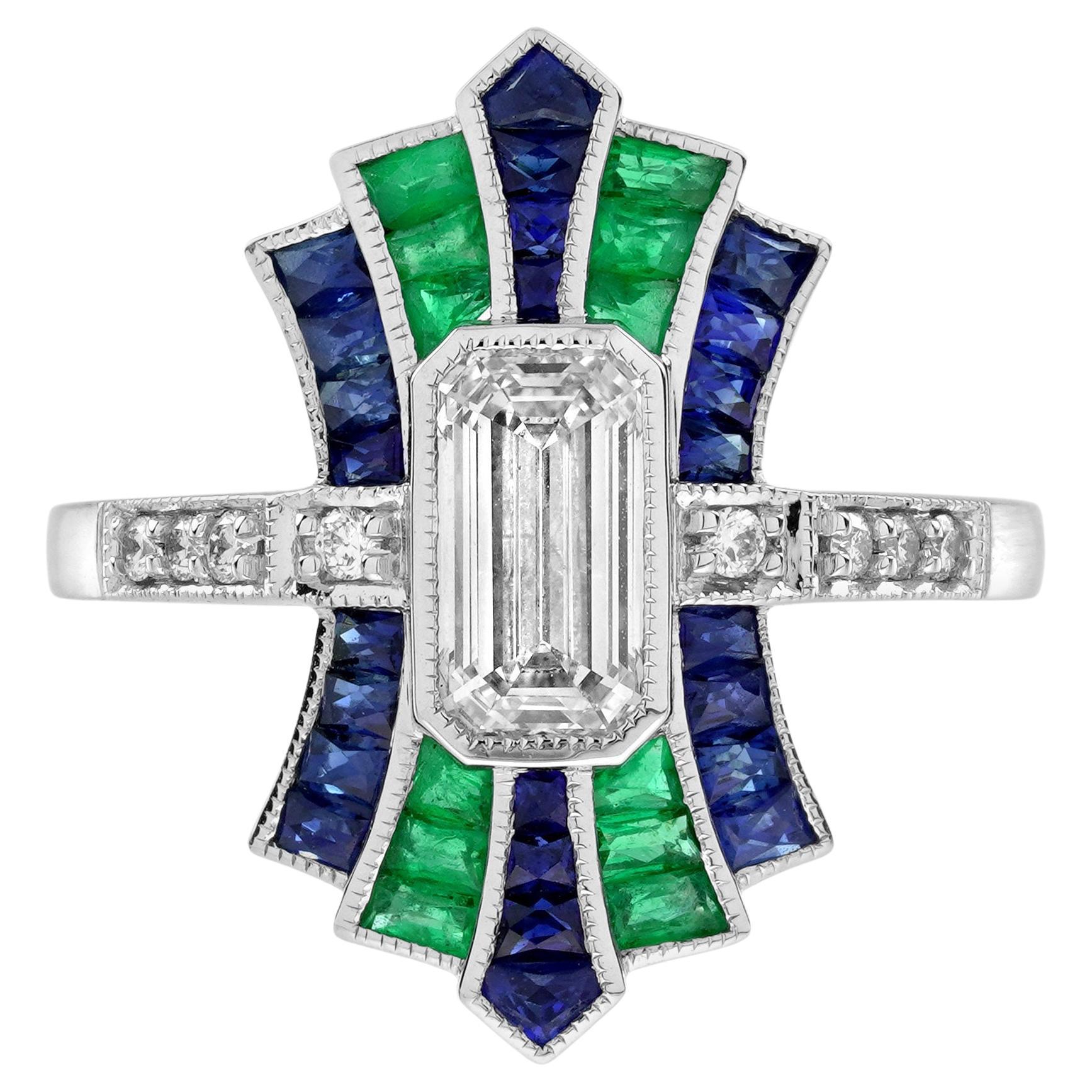 Anello in oro bianco con diamante e zaffiro smeraldo di ispirazione art déco vintage