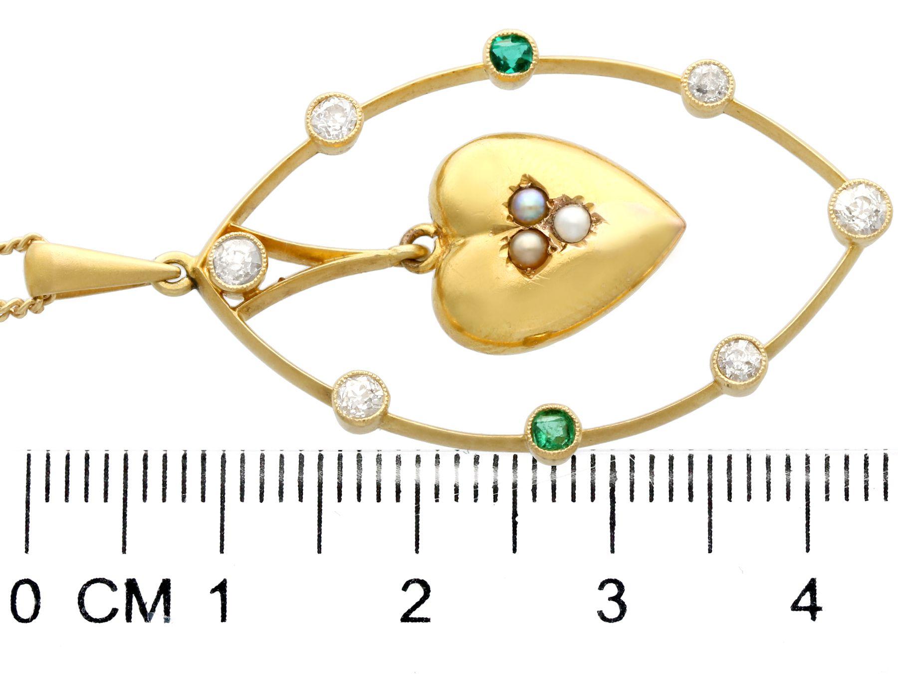 Diamond, Emerald, Seed Pearl and Yellow Gold Heart Pendant 1