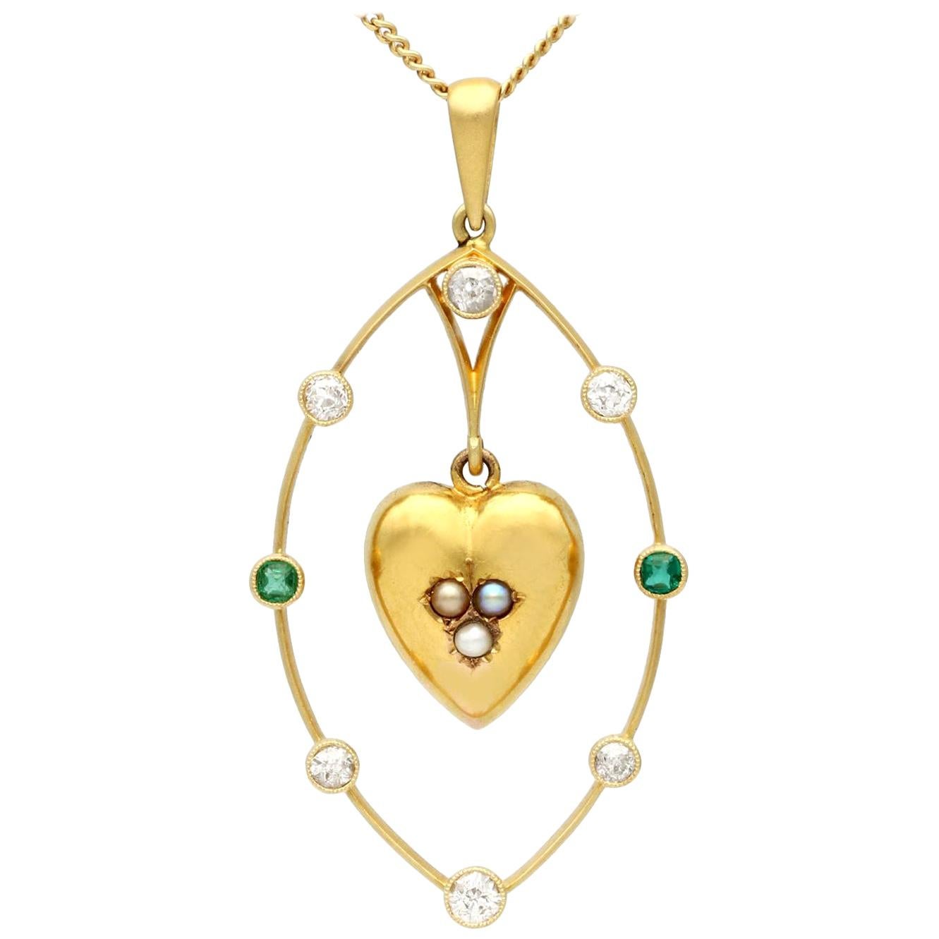 Diamond, Emerald, Seed Pearl and Yellow Gold Heart Pendant
