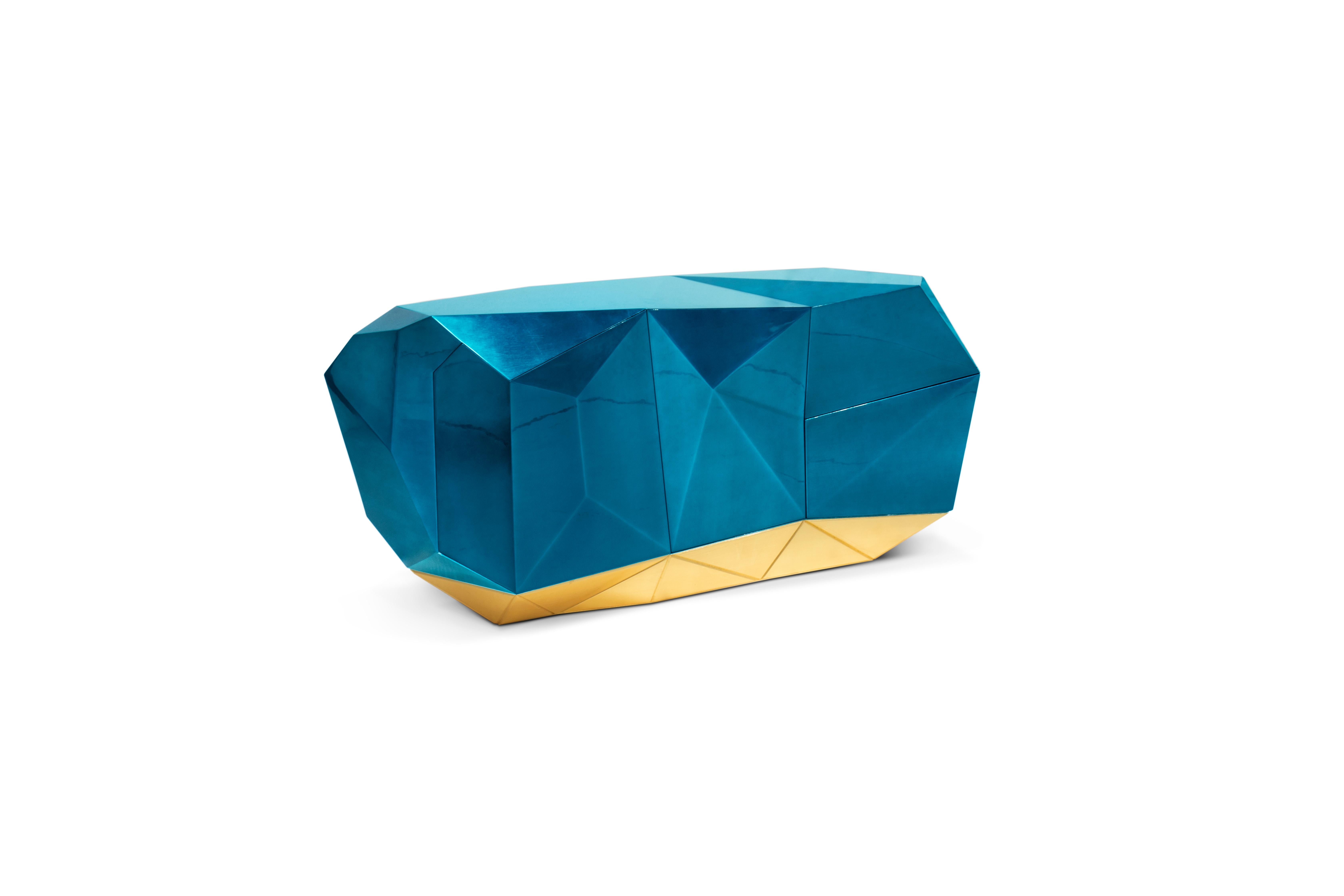 Diamant-Blaues Sideboard – handgefertigtes Holz und poliertes Goldmessing – Boca do Lobo (Handgeschnitzt) im Angebot