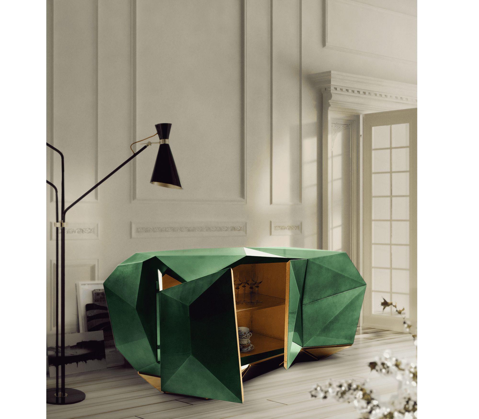 Credenza Diamond Emerald - Legno lavorato a mano e ottone lucido - Boca Do Lobo in vendita 6