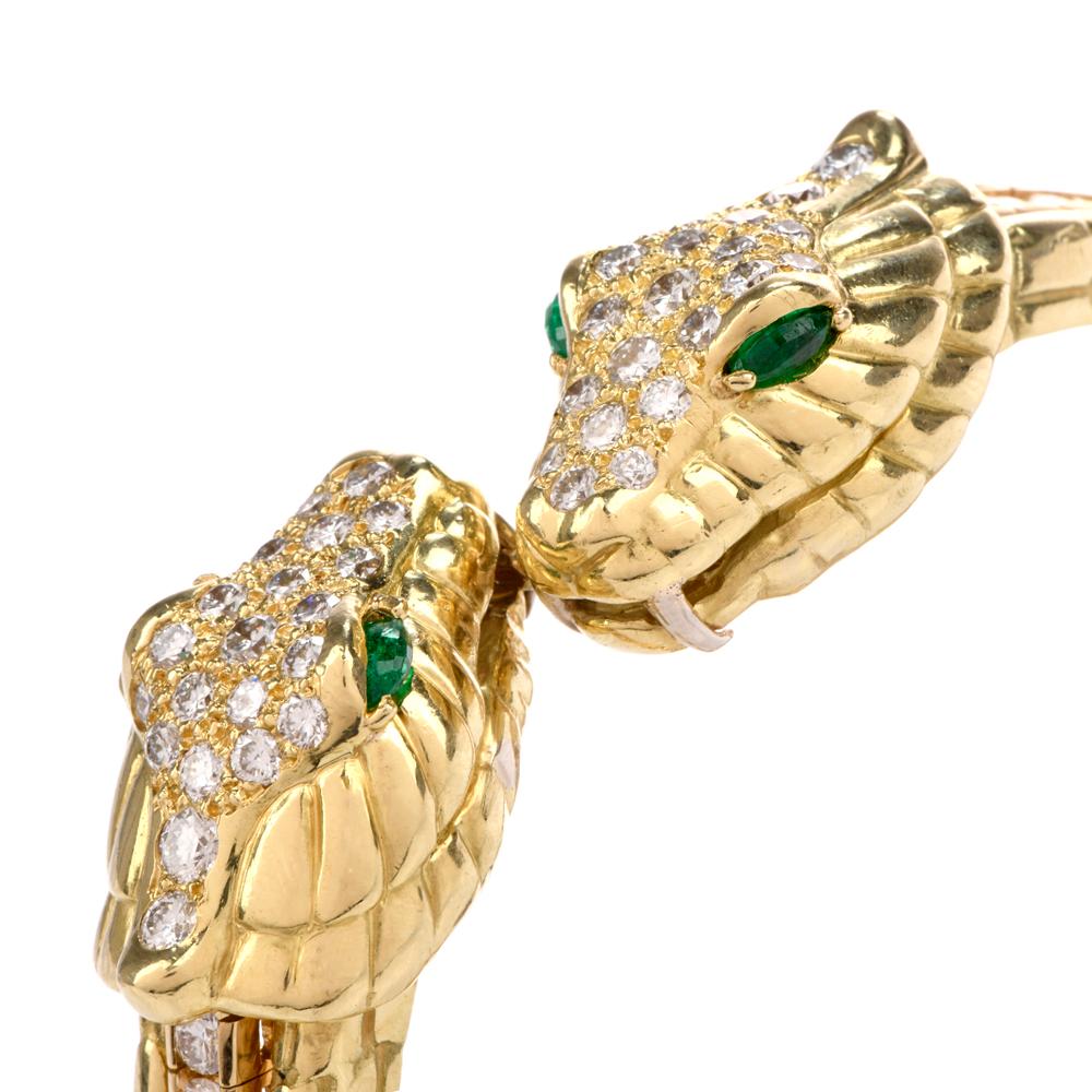 Diamond Emerald Snake Head 18 Karat Gold Cuff and Tennis Bracelet 5