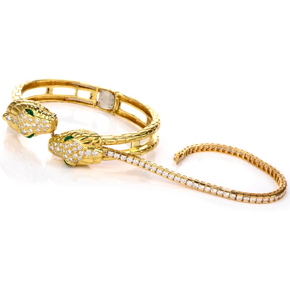 Diamond Emerald Snake Head 18 Karat Gold Cuff and Tennis Bracelet In Excellent Condition In Miami, FL