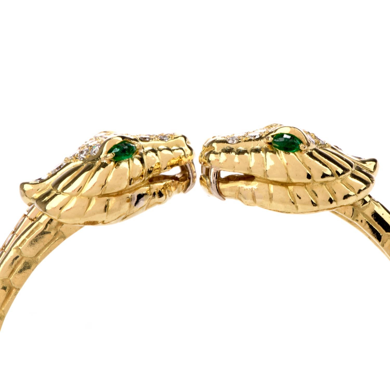 Diamond Emerald Snake Head 18 Karat Gold Cuff and Tennis Bracelet 1