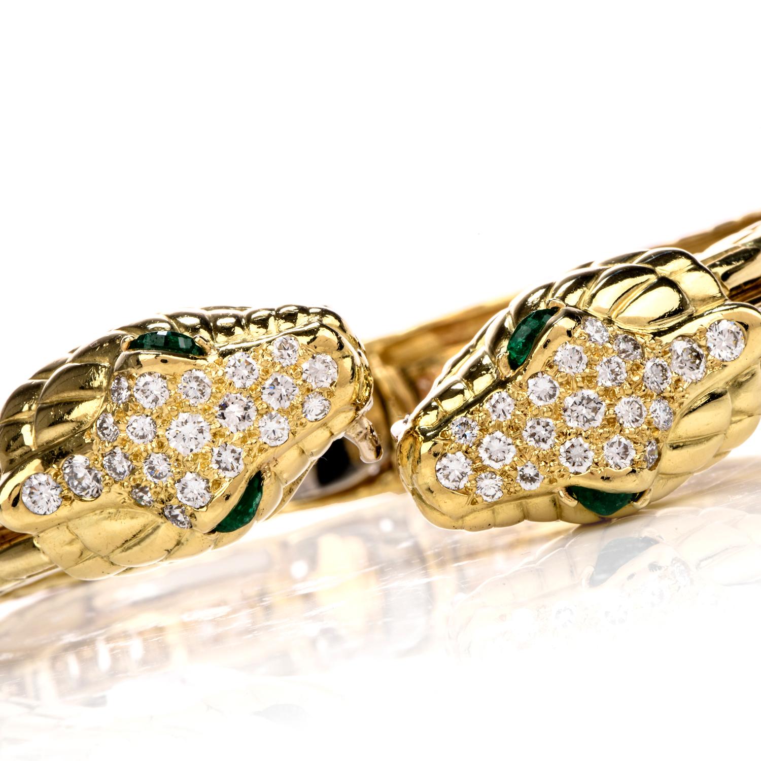 Diamond Emerald Snake Head 18 Karat Gold Cuff and Tennis Bracelet 2