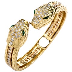 Diamond Emerald Snake Head 18 Karat Gold Cuff and Tennis Bracelet