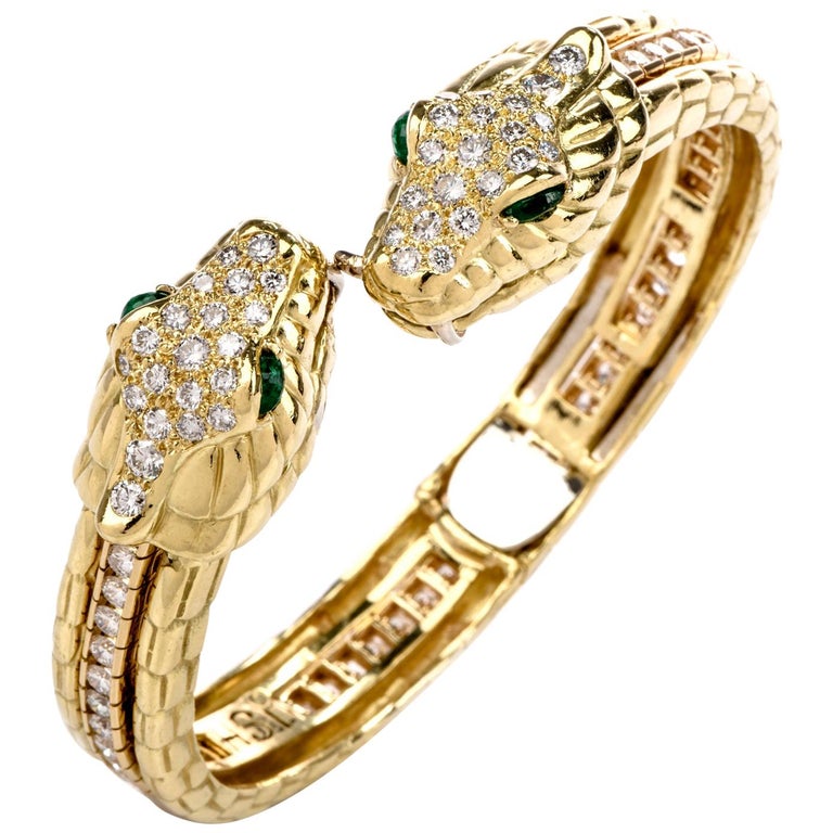 Diamond Emerald Snake Head 18 Karat Gold Cuff and Tennis Bracelet For