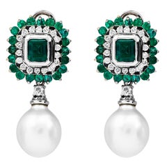 Diamond Emerald South Sea Pearl 18K Gold Clip on Day & Night Earrings