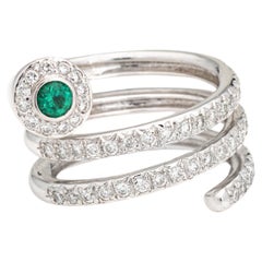 Diamond Emerald Spiral Ring Sz 5.5 Estate 18k White Gold Wrap Band Coiled