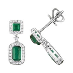 DIAMOND 
EMERALD SQUARE AND OCTAGON CLUSTER DROPS IN 9CT WHITE Gold