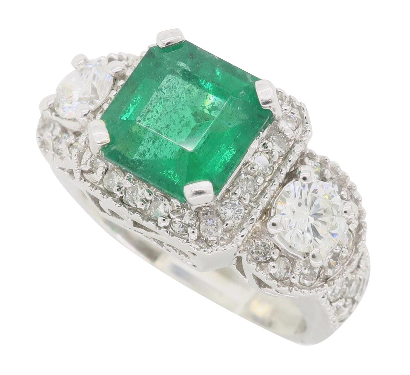Asscher Cut Diamond and Emerald Three-Stone Ring