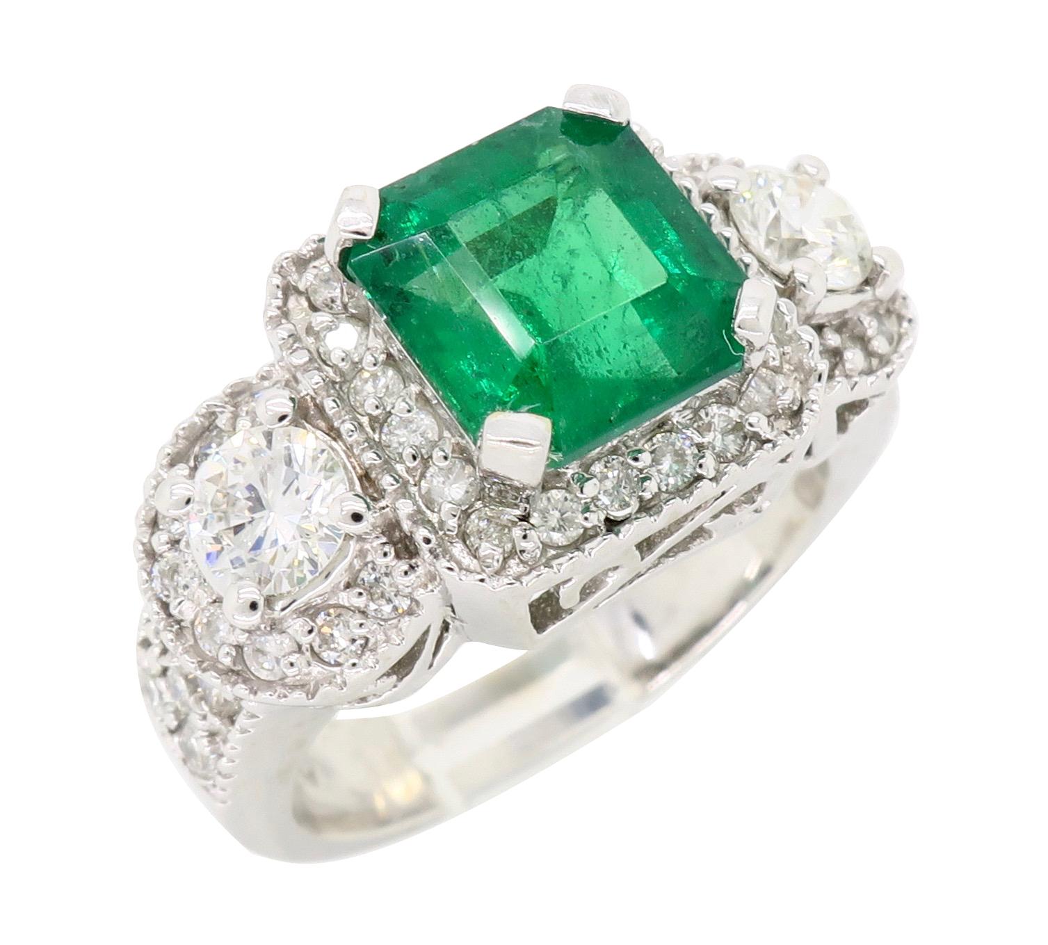 Diamond and Emerald Three-Stone Ring In Excellent Condition In Webster, NY