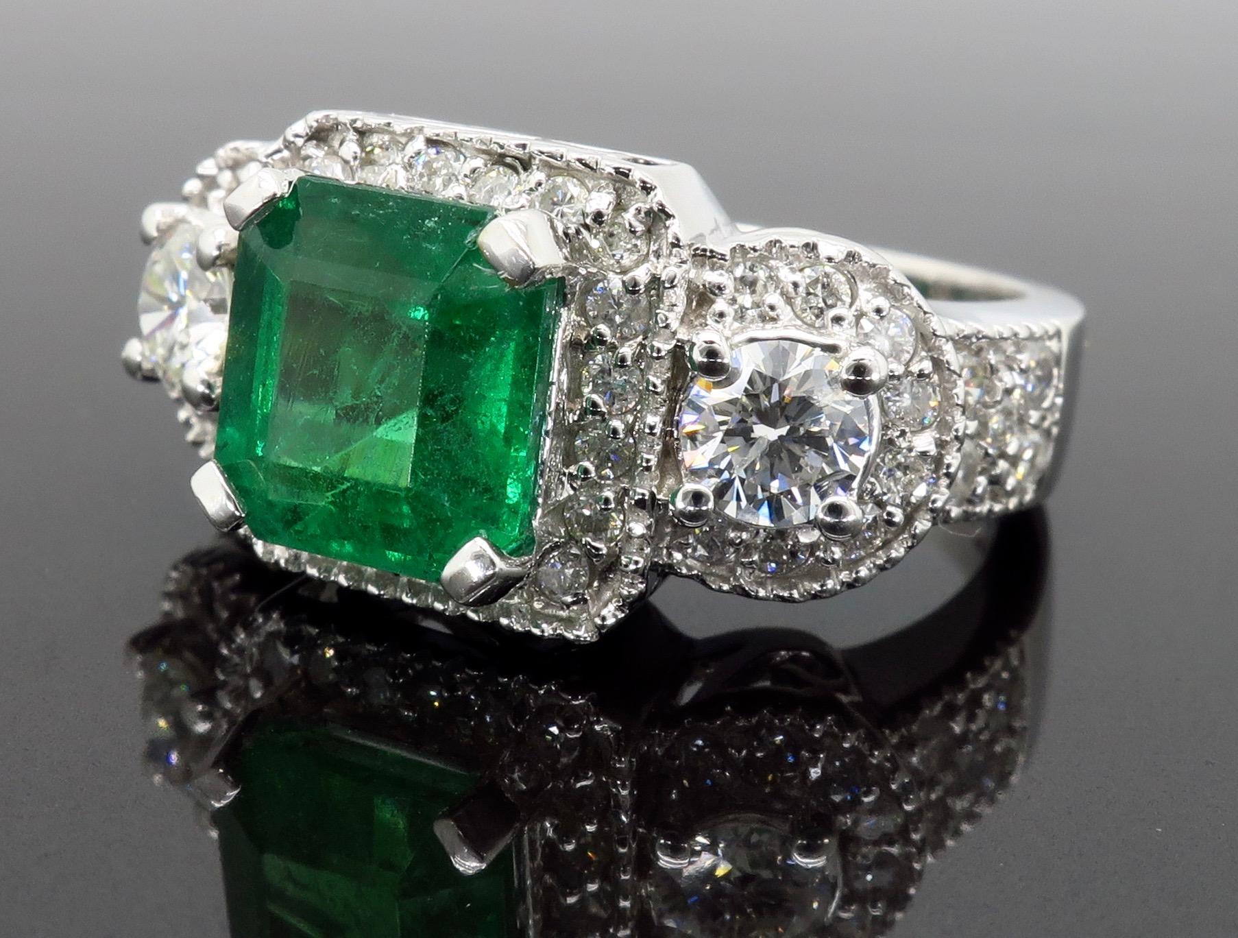 Women's or Men's Diamond and Emerald Three-Stone Ring