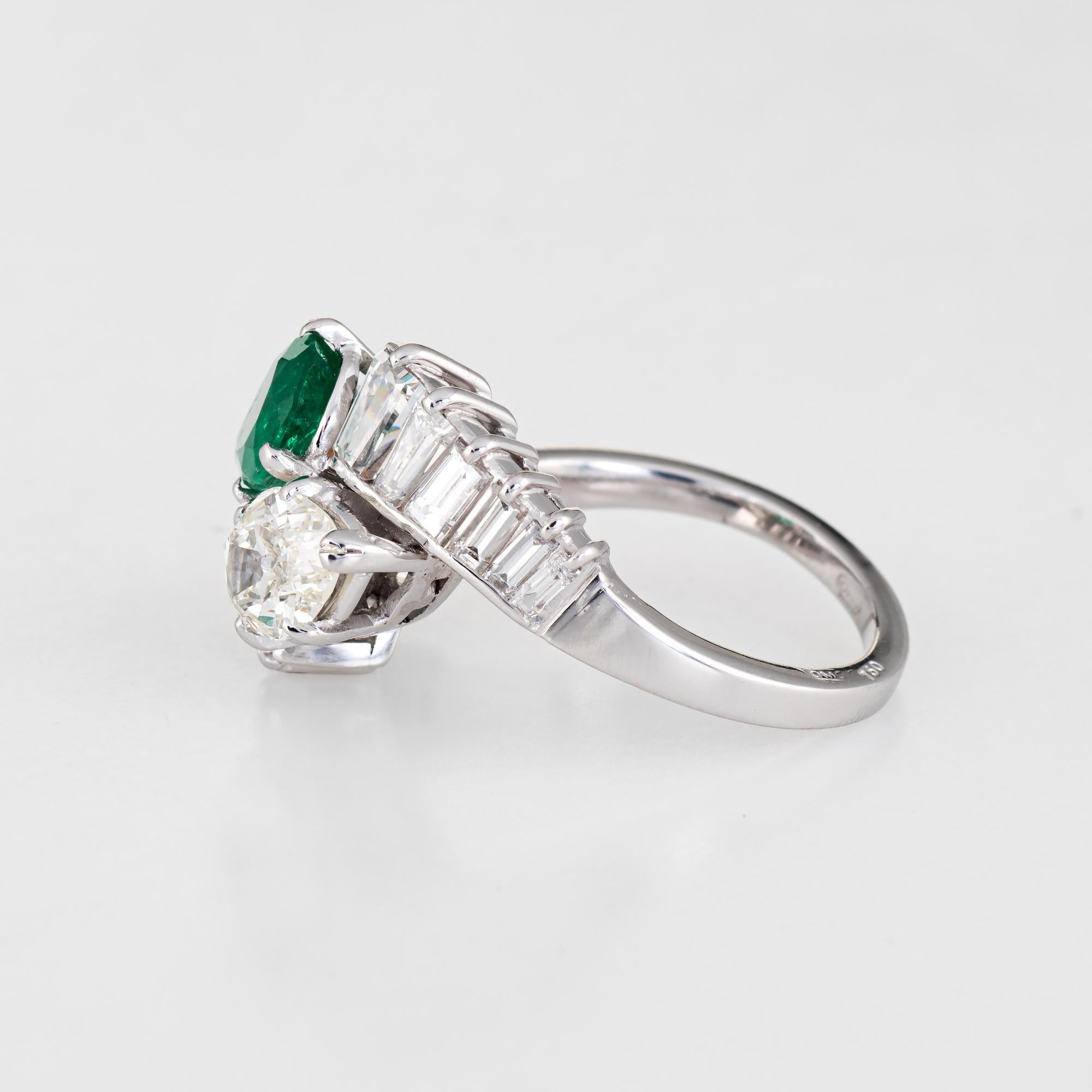 Pear Cut Diamond Emerald Toi et Moi Ring 18 Karat White Gold Vintage Fine Jewelry Bypass