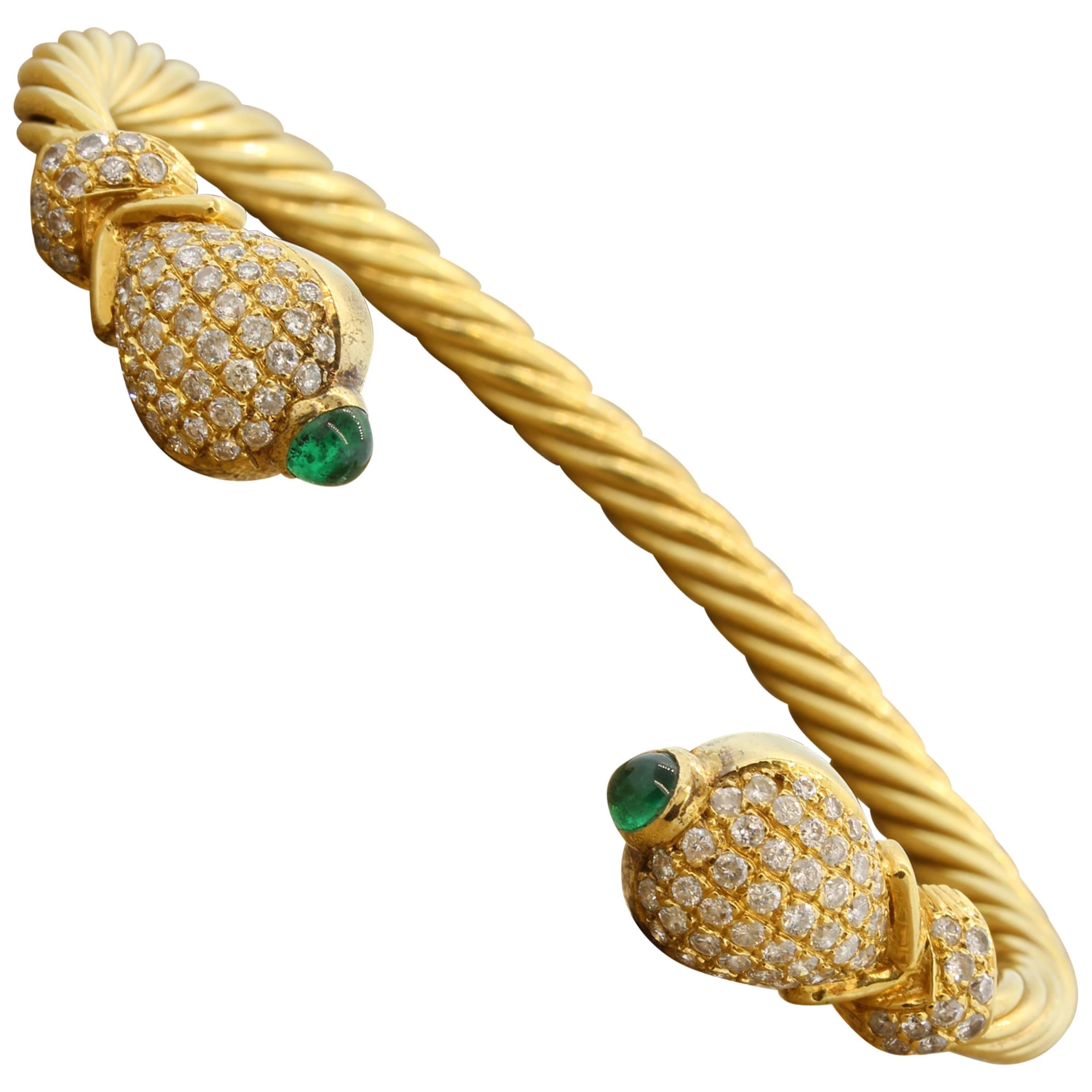 Diamond Emerald Twisted Gold Stretch Cuff Bracelet