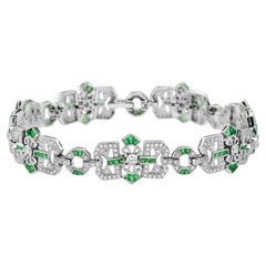 Bracelet d'inspiration Vintage Art Deco Filigree Link blanc avec diamants et émeraudes
