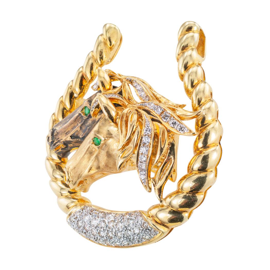 Diamond emerald and yellow gold equestrian brooch pendant by JP Bellin circa 1990. *  Love it because it caught your eye, and we are here to connect you with beautiful and affordable jewelry.  It is time to claim a reward for Yourself!  Simple and