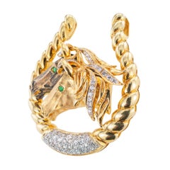 Diamond Emerald Yellow Gold Equestrian Brooch Pendant