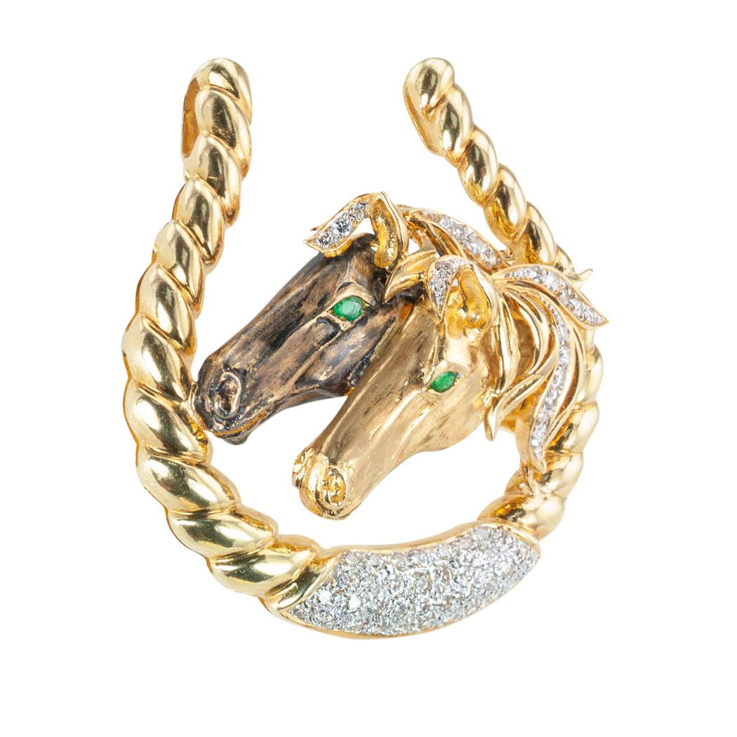 Contemporary Diamond Emerald Yellow Gold Equestrian Brooch Pendant