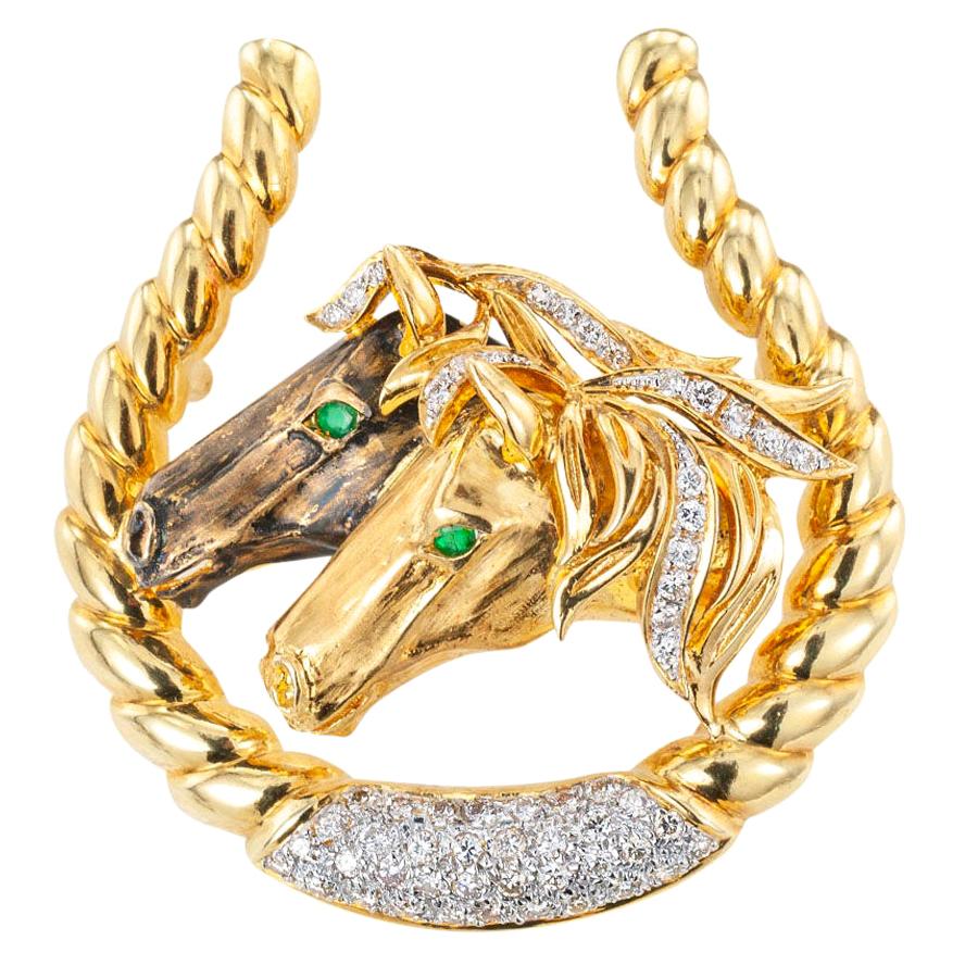 Diamond Emerald Yellow Gold Equestrian Brooch Pendant