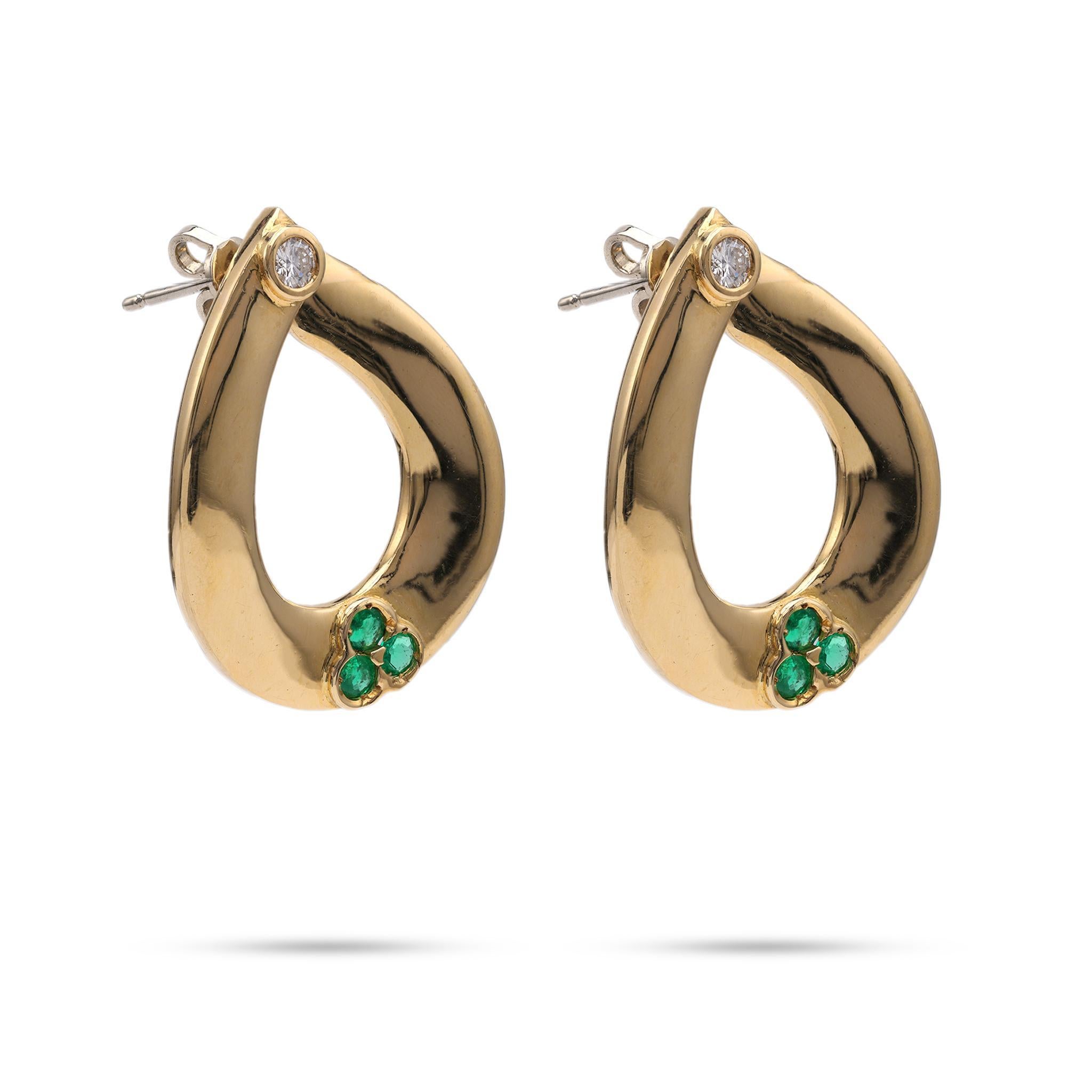 Brilliant Cut Diamond Emerald Yellow Gold Hoop Earrings For Sale