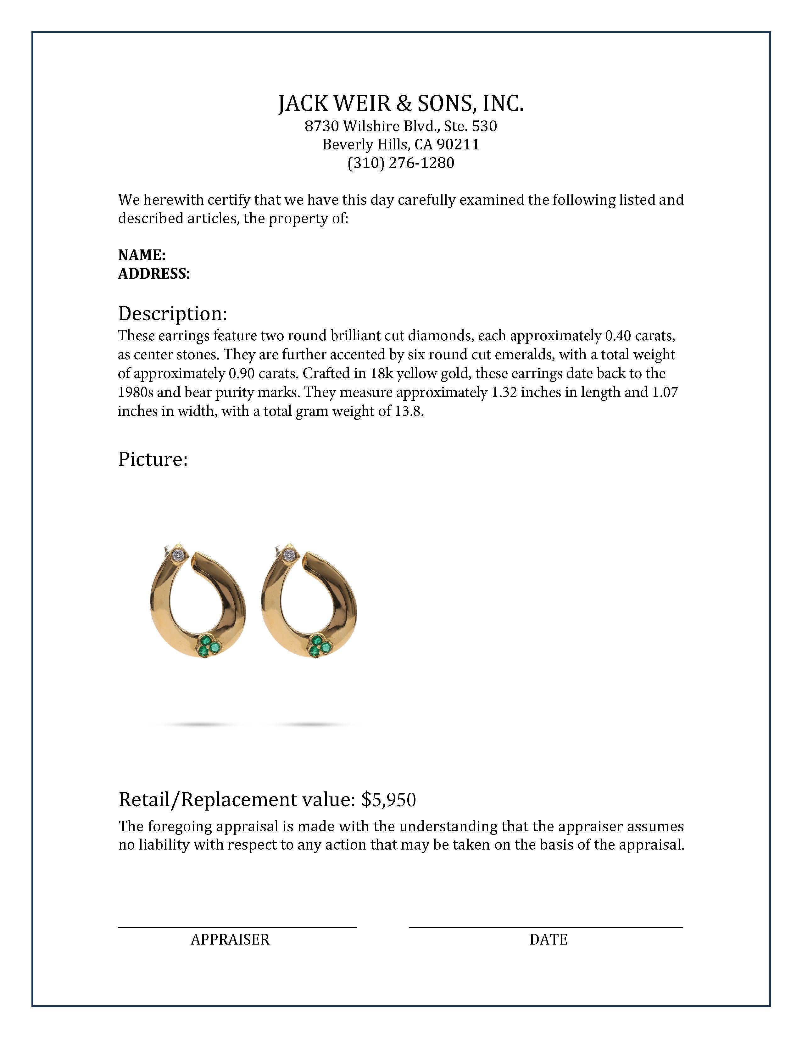 Women's or Men's Diamond Emerald Yellow Gold Hoop Earrings For Sale