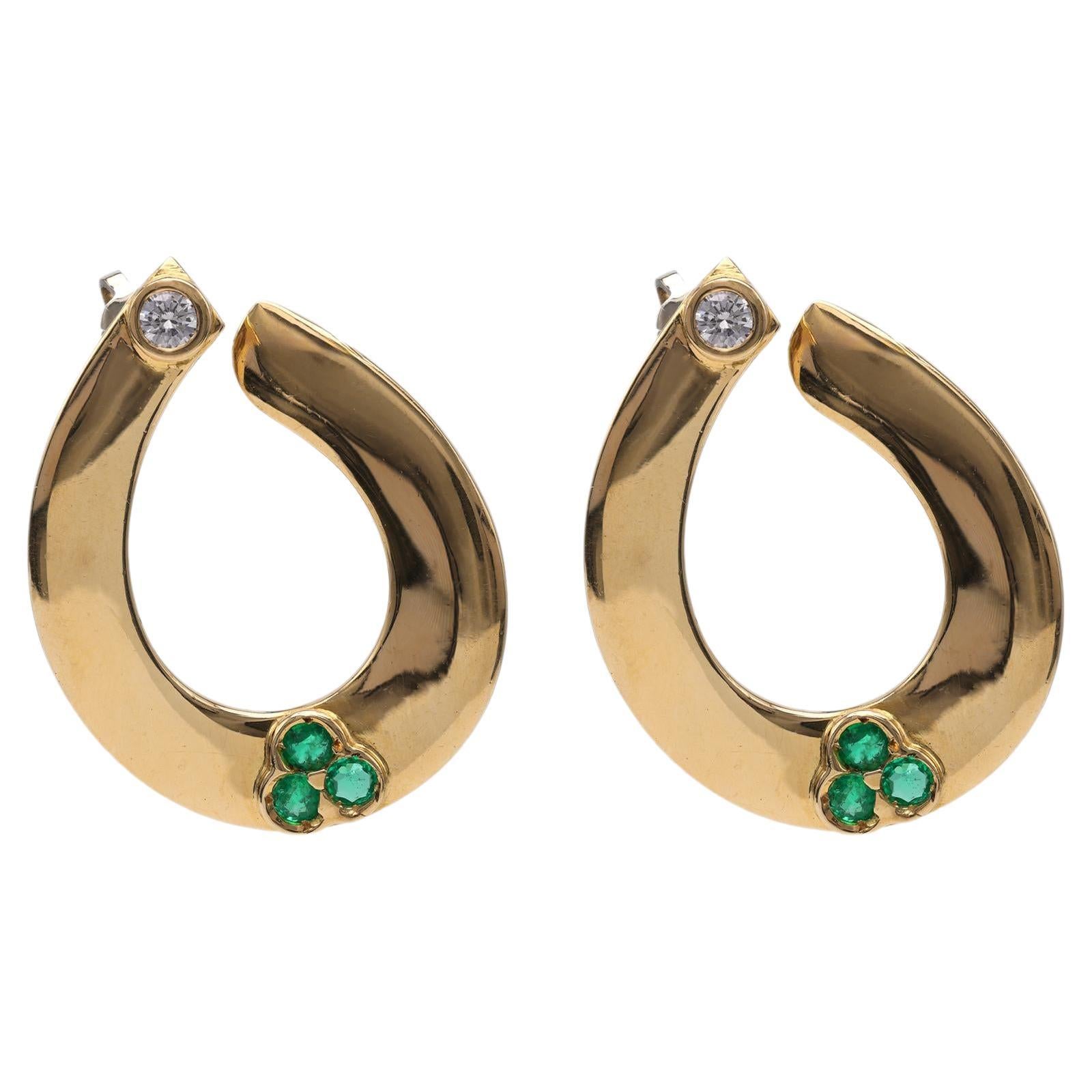 Diamond Emerald Yellow Gold Hoop Earrings For Sale
