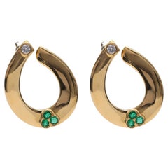 Vintage Diamond Emerald Yellow Gold Hoop Earrings