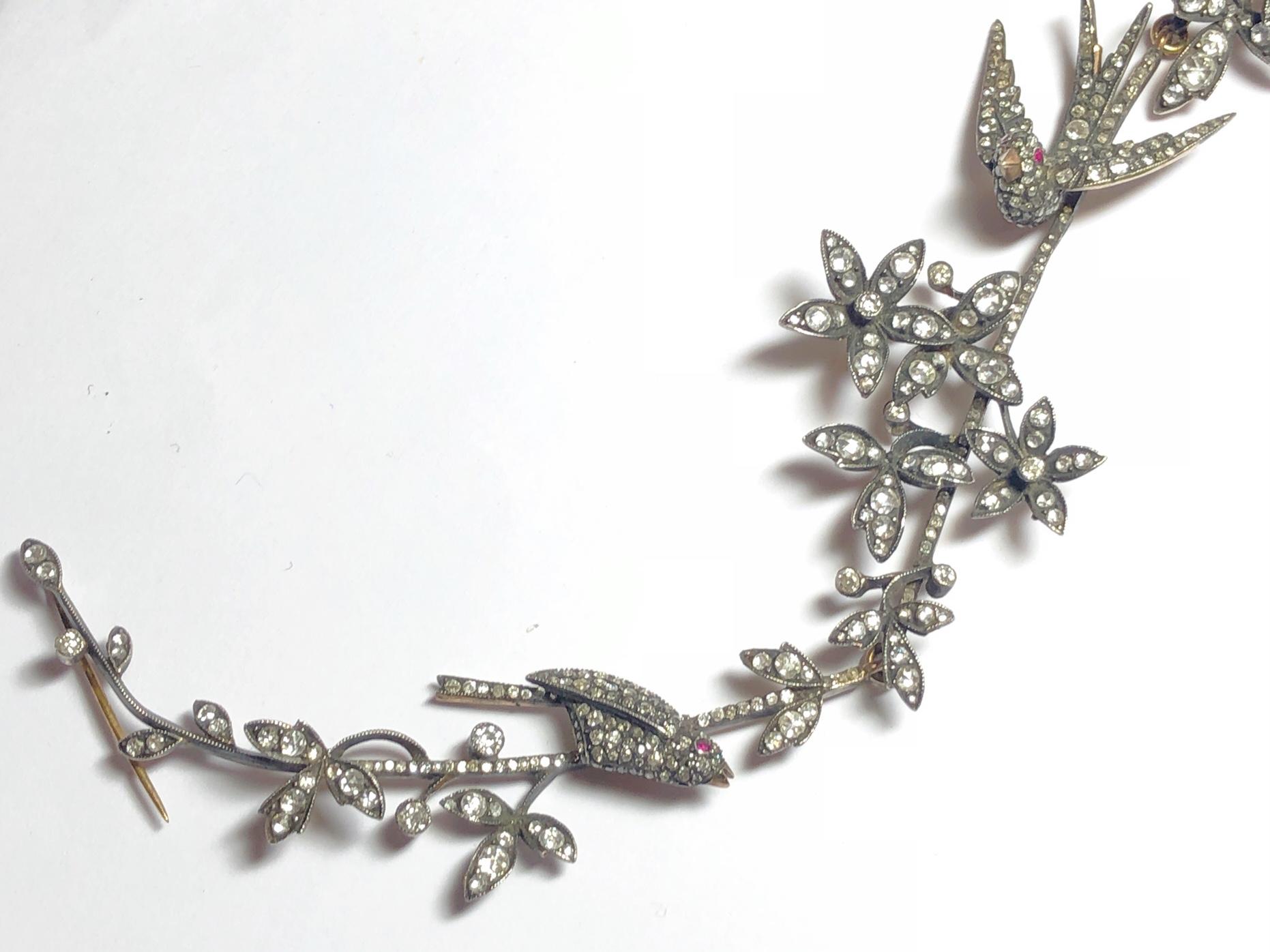 Women's Diamond En Tremblant Bird and Flower Silver on Gold Brooch