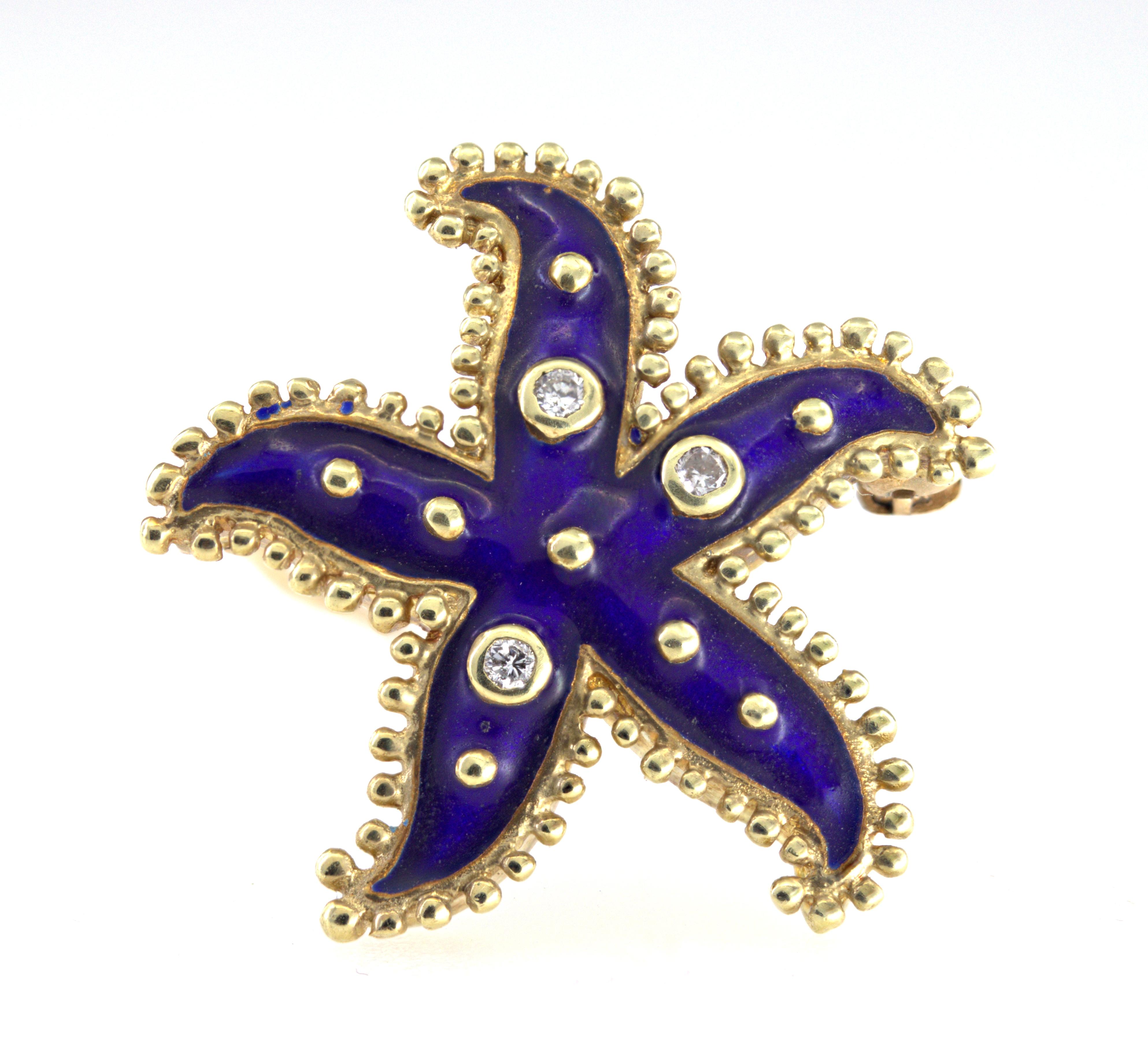 Designed as a “Starfish” featuring blue enamel, accented by (3) full-cut diamonds, 0.06 ct. tw., VS-I, I-J, bezel set in a 14k yellow gold mounting, 23 x 23 X 7.7 mm, Gross weight 6.64 grams.