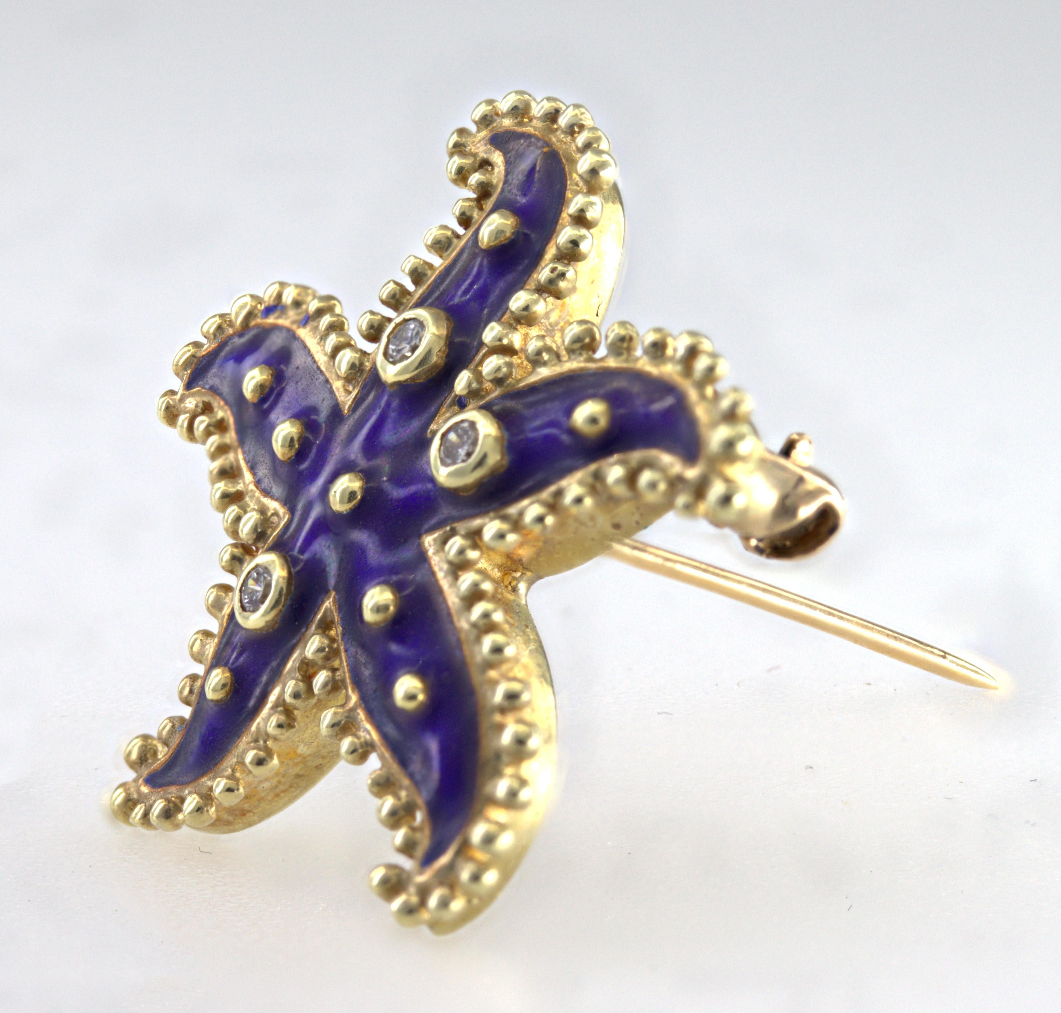 Diamond, Enamel, 14K Yellow Gold Starfish Brooch In Good Condition For Sale In Pleasant Hill, CA