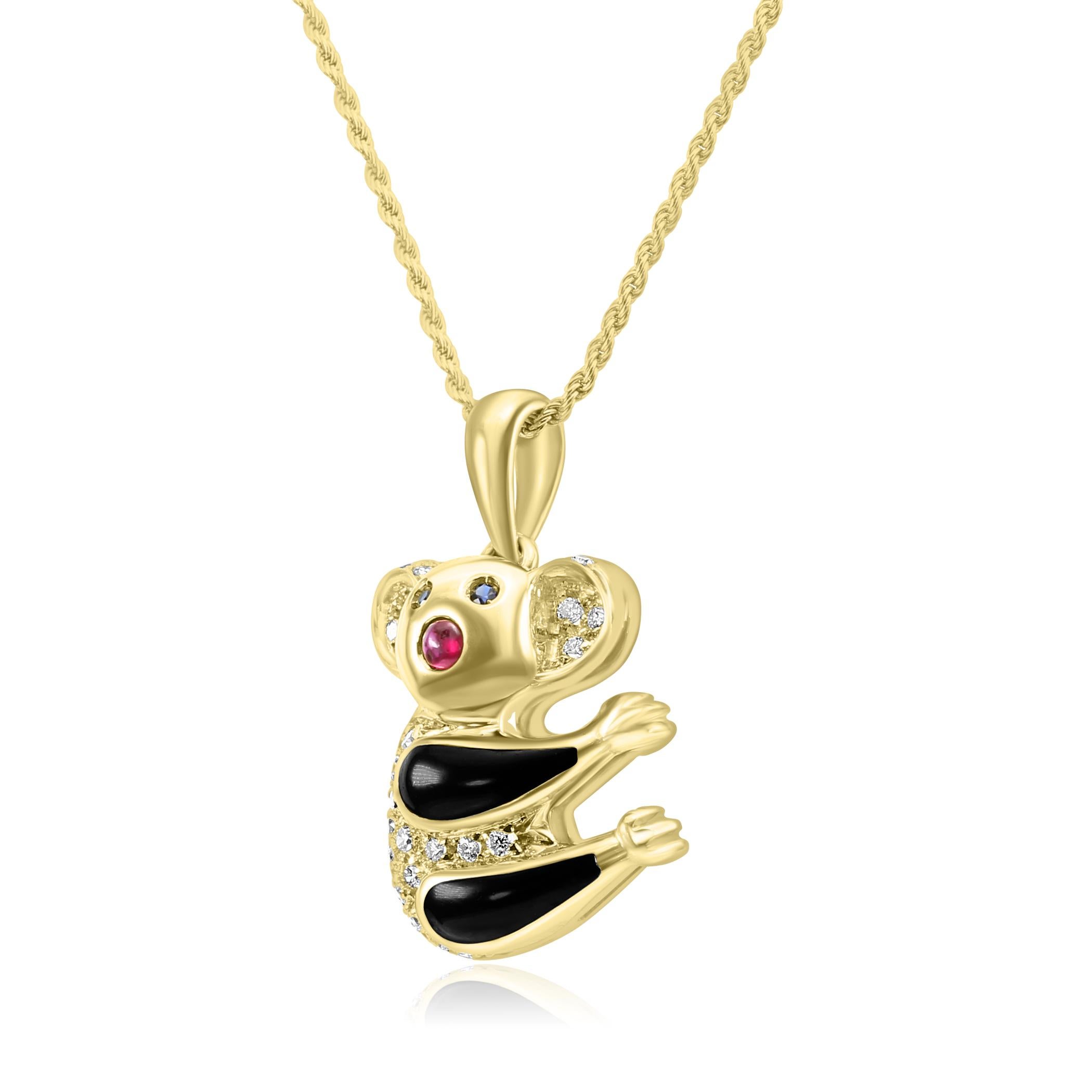 Pour tous les amoureux des animaux et de la nature, voici notre charmant et unique pendentif Koala en émail et diamants. 

Ce pendentif présente le corps de l'ours orné d'émail noir sur le corps ainsi que de magnifiques diamants blancs répartis sur