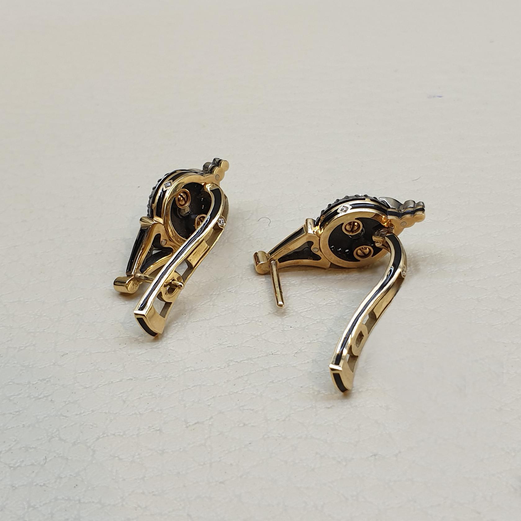 Russian Empire Diamond Enamel 18 Karat Yellow Gold Earrings For Sale