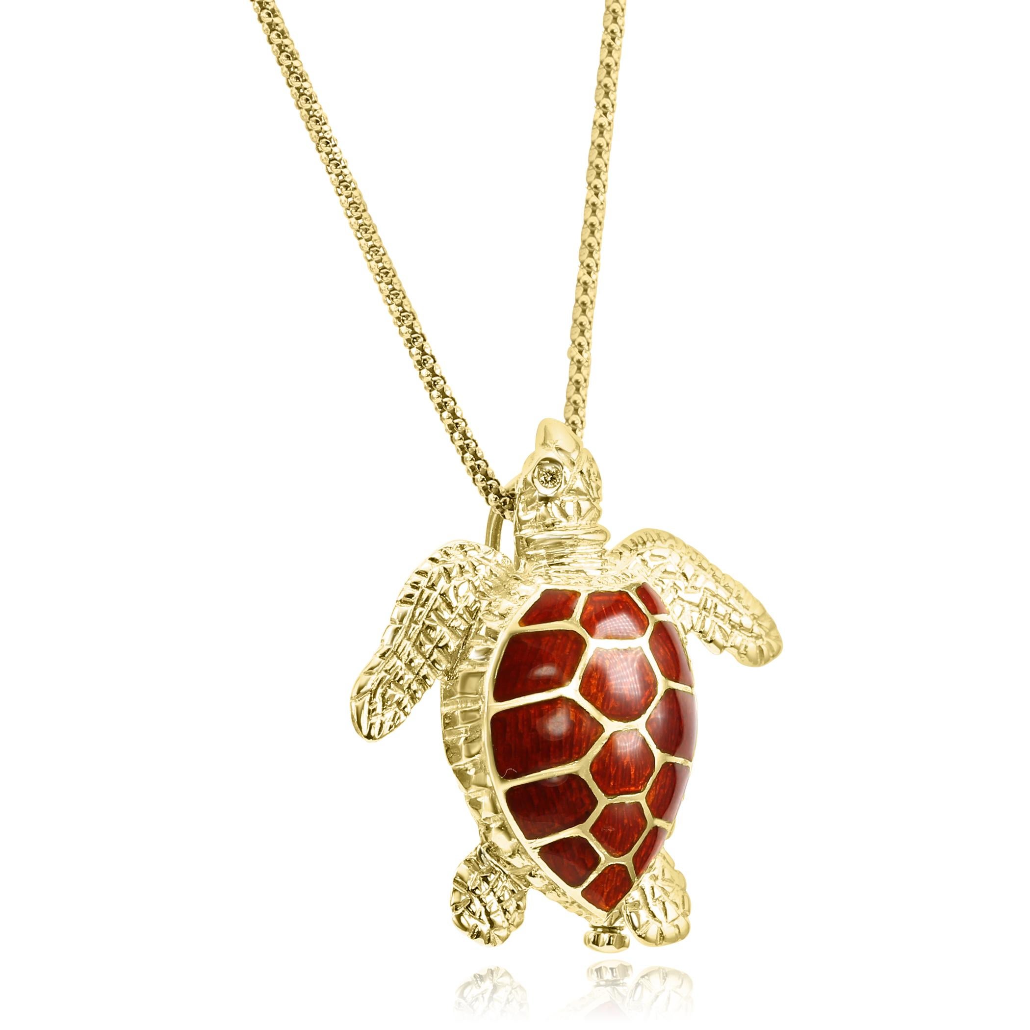 For all animal, and nature lovers, here's our charming & unique Enamel, & Diamond turtle pendant brooch. 

This brooch features the turtles body adorned with red enamel for the shell and is hand done in Italy.

For the eyes, this turtle has 2