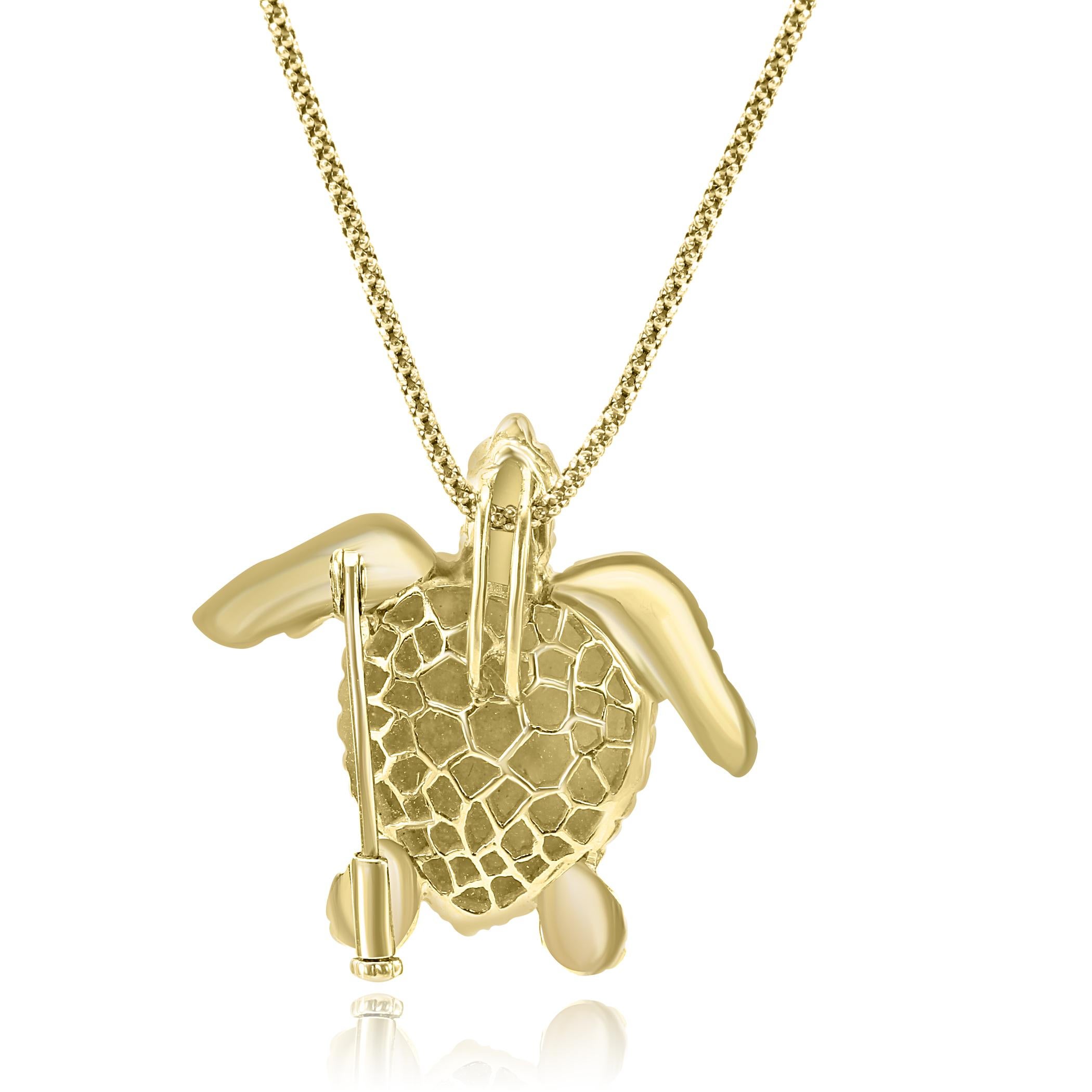 Round Cut Diamond & Enamel 18 Karat Yellow Gold Turtle Brooch Pendant For Sale