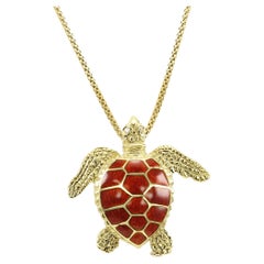 Diamond & Enamel 18 Karat Yellow Gold Turtle Brooch Pendant