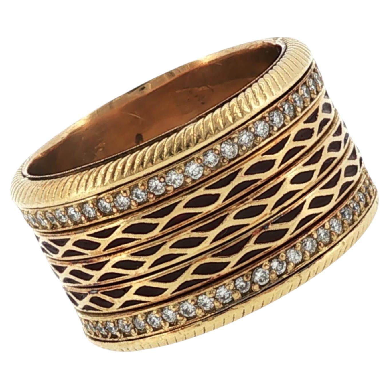 Breiter Ring aus 18-karätigem Gelbgold mit Diamant-Emaille, Ringgröße 9,5