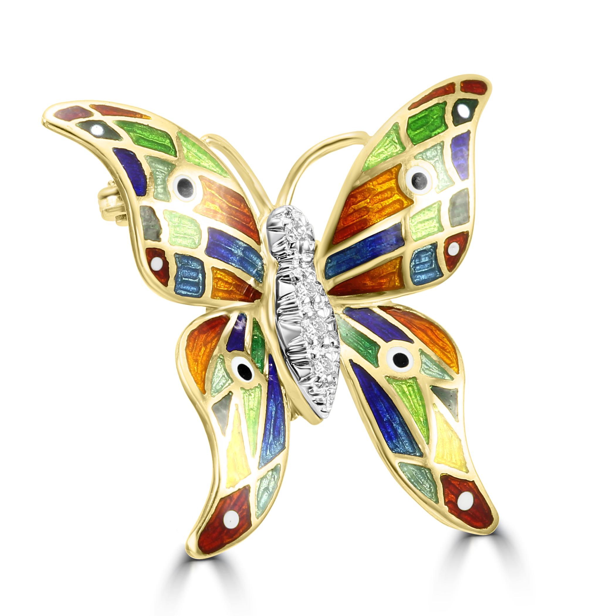 Pour tous les amoureux des insectes et de la nature, voici notre charmante et unique broche papillon en émail arc-en-ciel et diamants. 

Ce pendentif/broche présente les ailes du papillon ornées d'éblouissants diamants blancs de couleur F et de